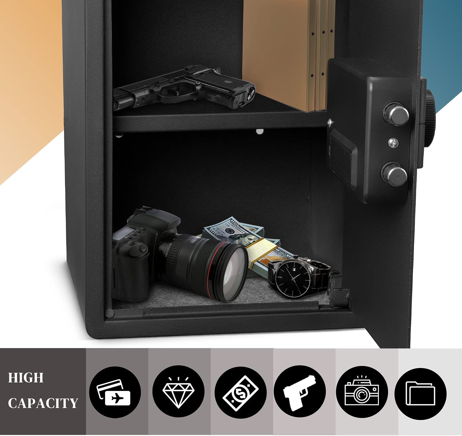 WINCENT Home Security Safe with Programmable Keypad Steel Safe Lock Box with Alarm System & Emergency Key for Office Home Hotel Gun Passport Money Valuables 1.5 Cubic Feet