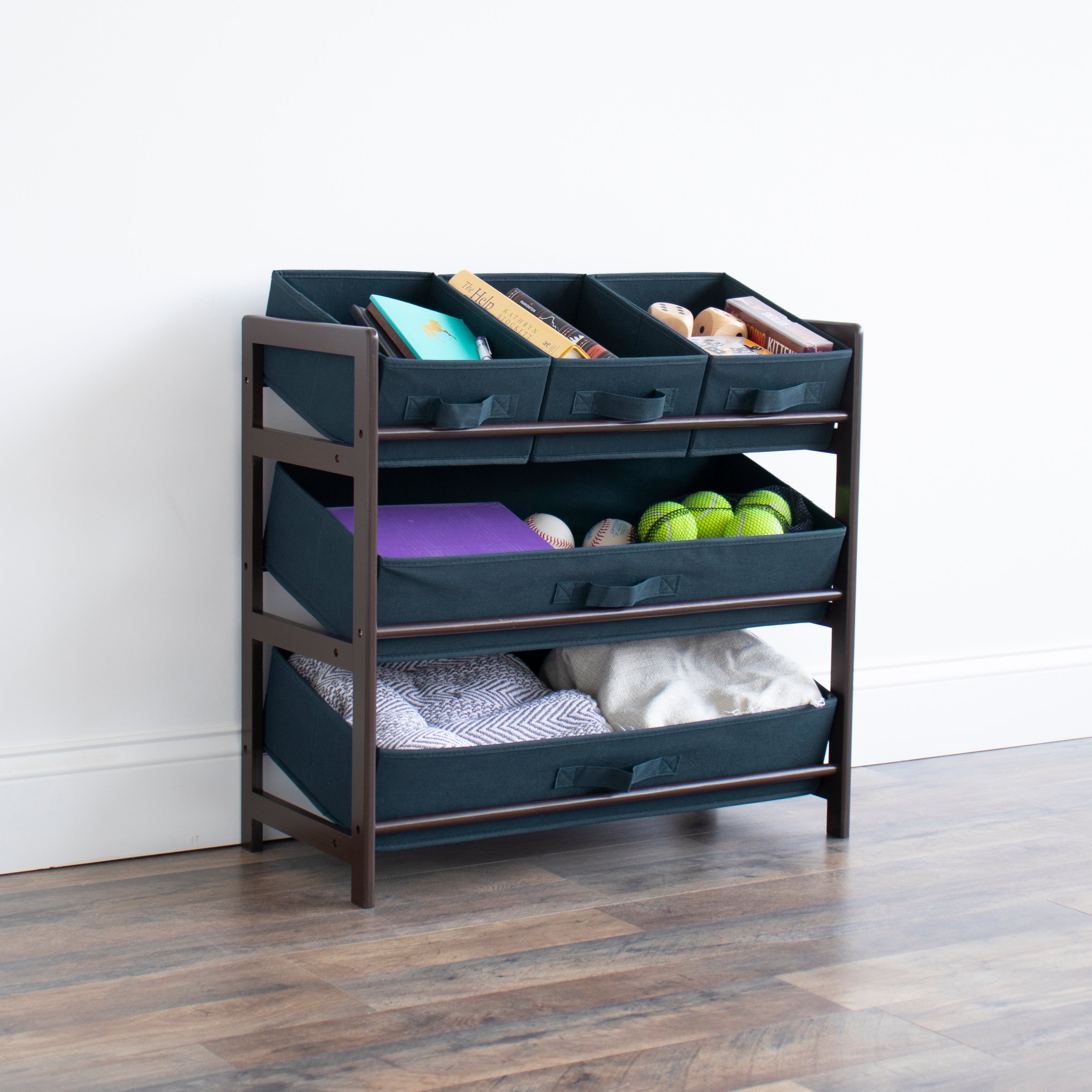 Humble Crew Oslo Compact Fabric Bin Organizer, 3 Small Bins & 2 Large Bins, Dark Pine & Grey or Dark Pine & Navy