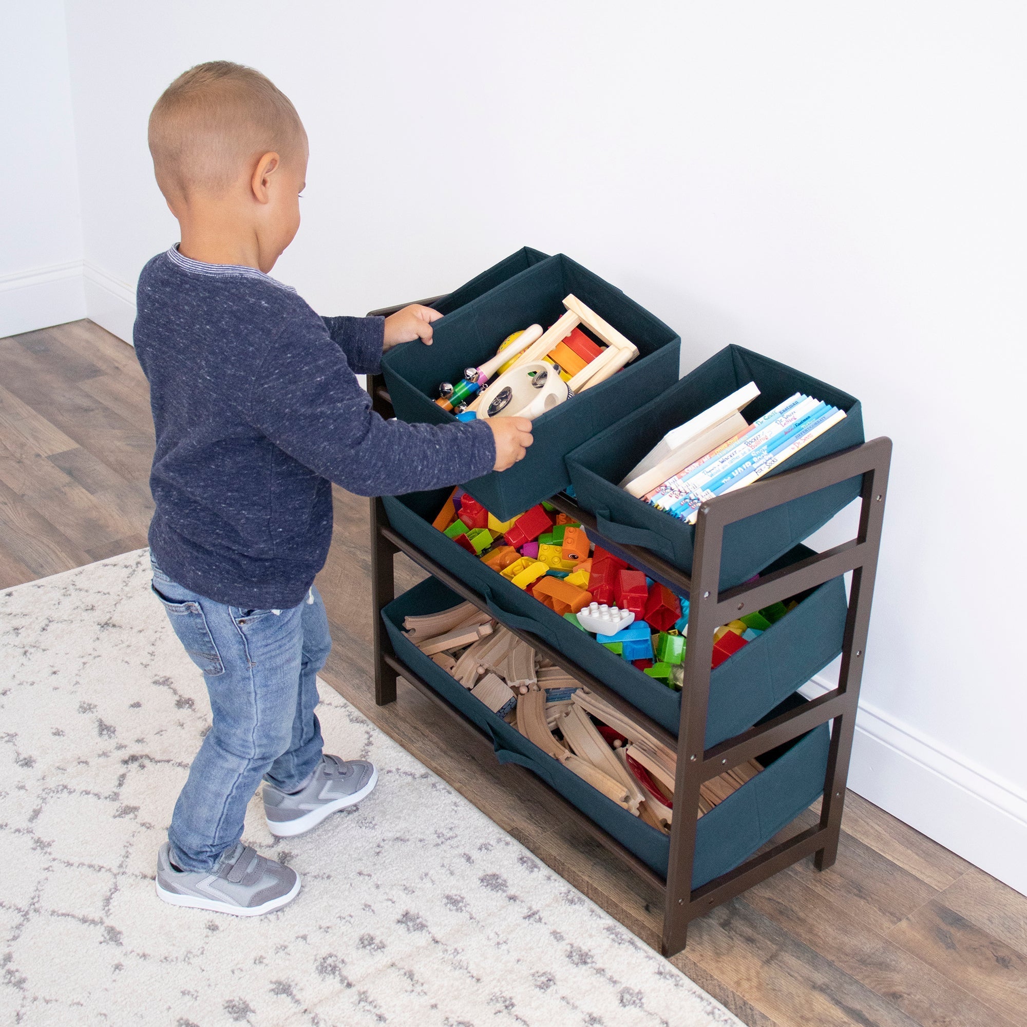 Humble Crew Oslo Compact Fabric Bin Organizer, 3 Small Bins & 2 Large Bins, Dark Pine & Grey or Dark Pine & Navy
