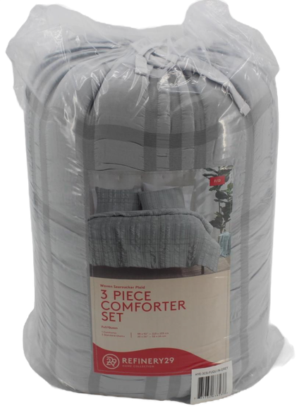Refinery29 | Hayden Collection | Woven Seersucker Plaid Comforter Set, Full/Queen, 3 Pieces, Grey