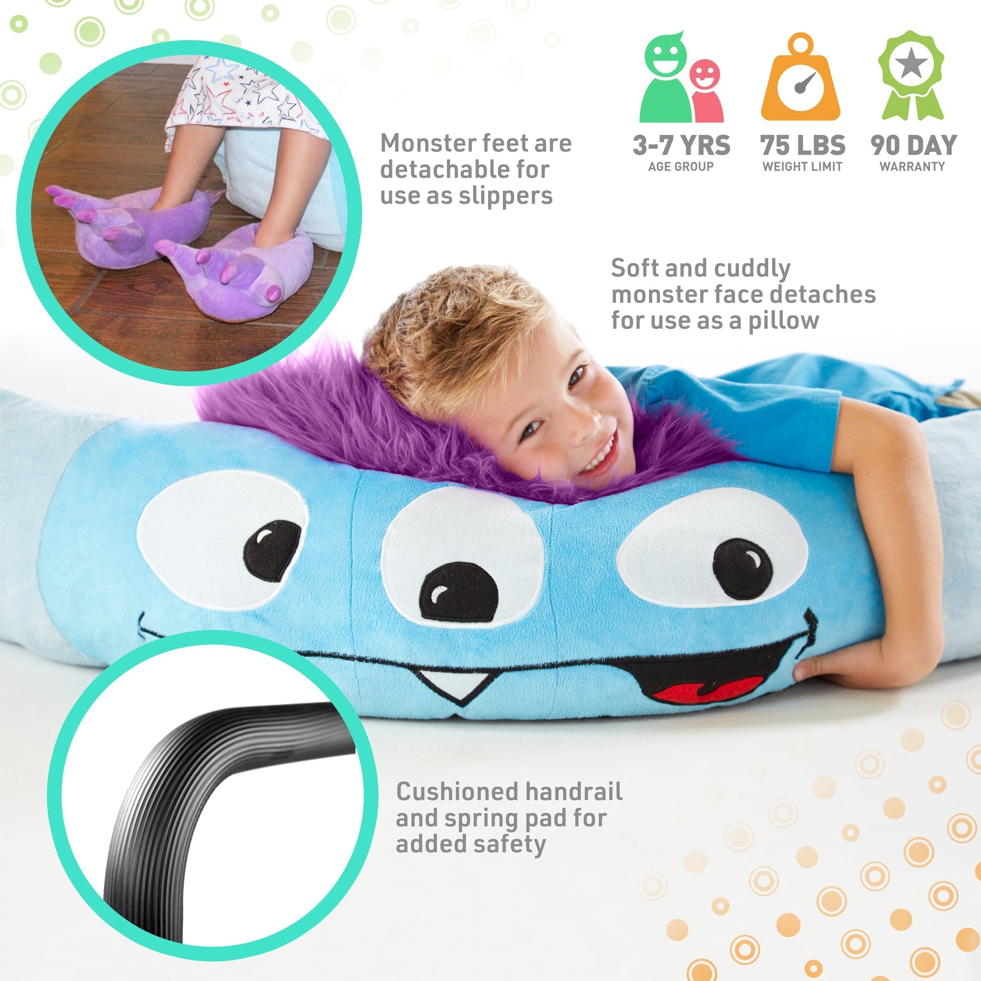 Pure Fun 36-inch Monster Plush Jumper Kids Trampoline with Handrail, Includes Pillow and Slippers, 75lb Weight Limit