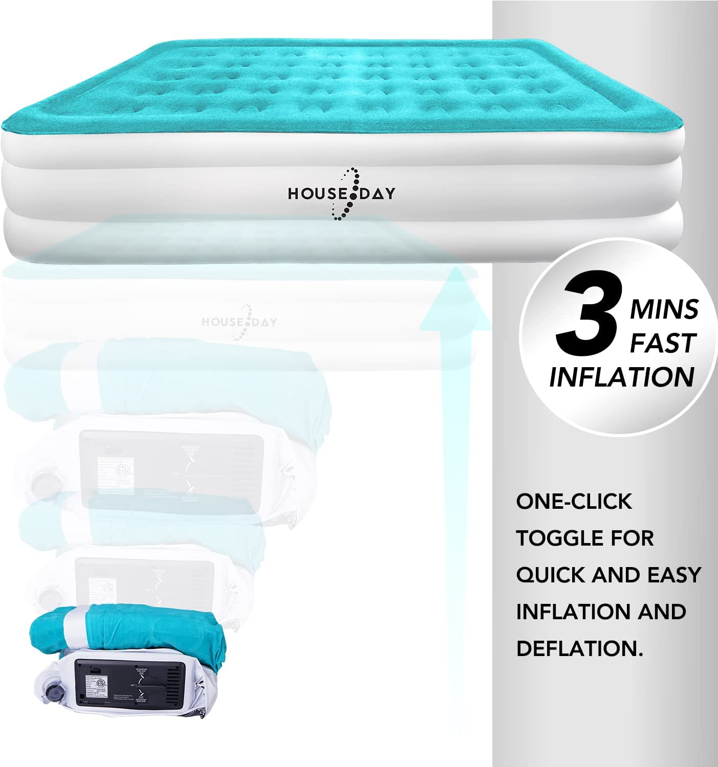 HOUSE DAY Twin Air Mattress with Built- Raised Electric Airbed with Built in Pump Fast Inflation Carry Bag Highest End Blow Up Bed, Inflatable Air Mattresses for Home Travel Twin Matress 74x39x18