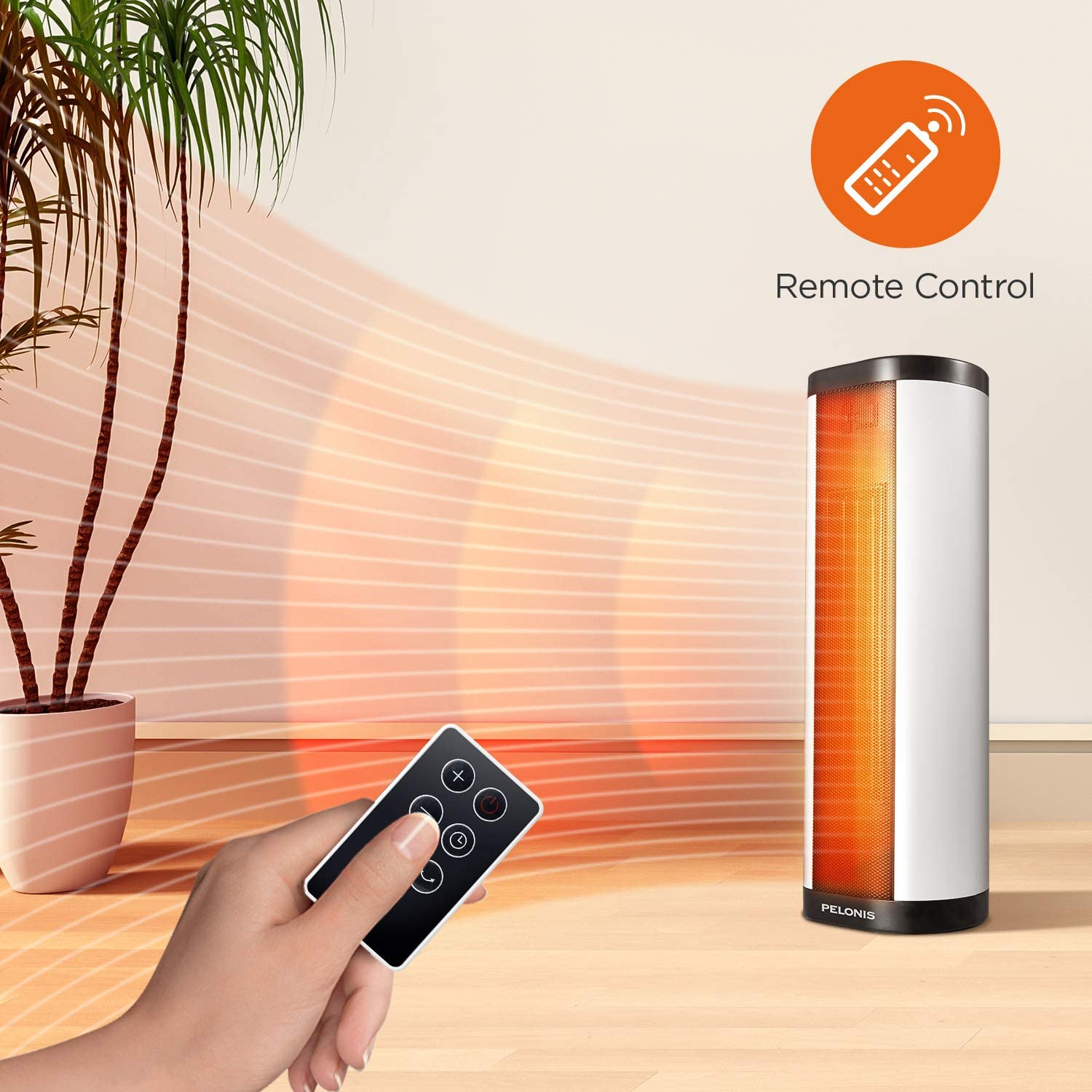 PELONIS Portable 1500W Vertical and Horizontal Ceramic Tower Space Heater, Internal Oscillation, with Remote Control, Programmable Thermostat & 24H Timer and Overheating Protection, White