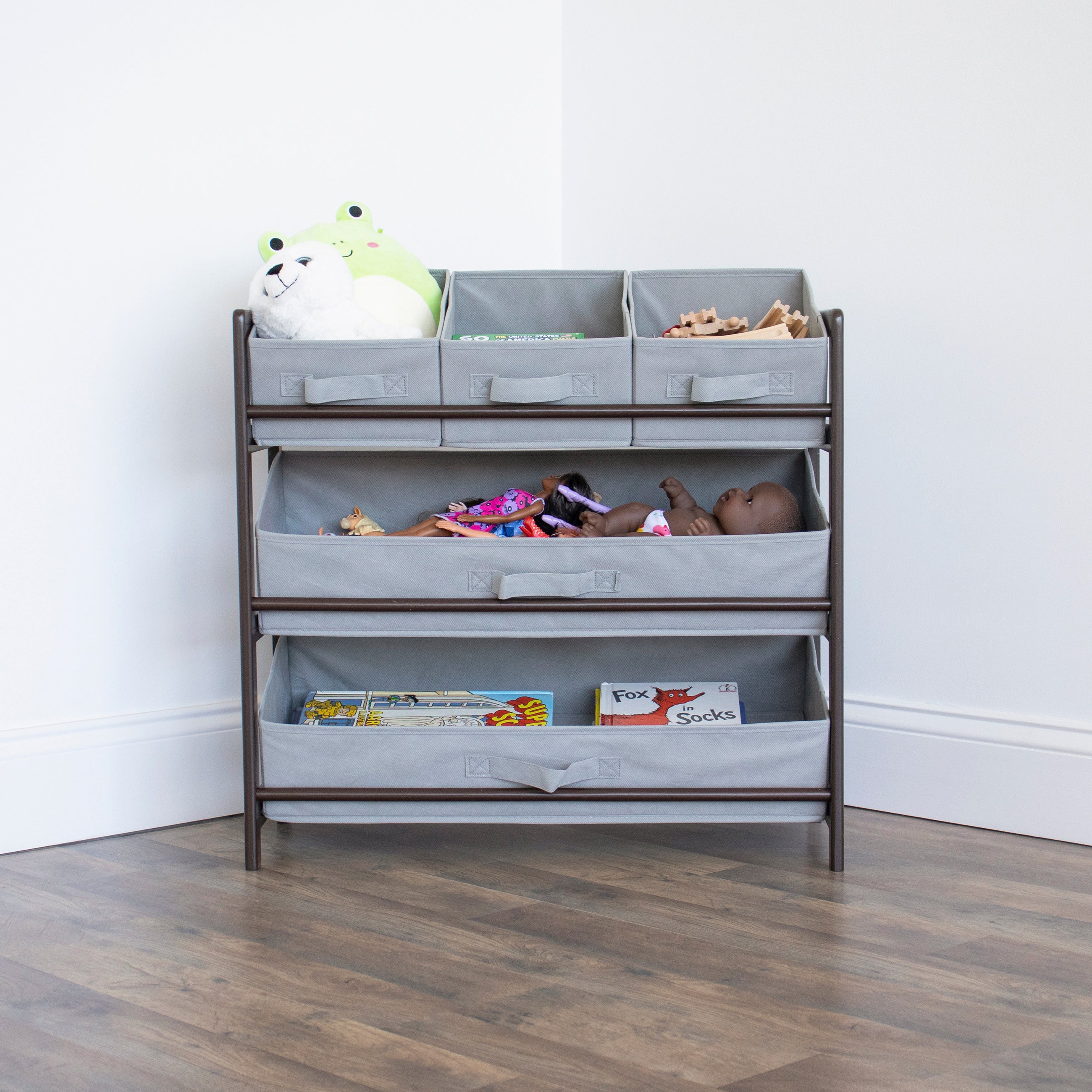 Humble Crew Oslo Compact Fabric Bin Organizer, 3 Small Bins & 2 Large Bins, Dark Pine & Grey or Dark Pine & Navy