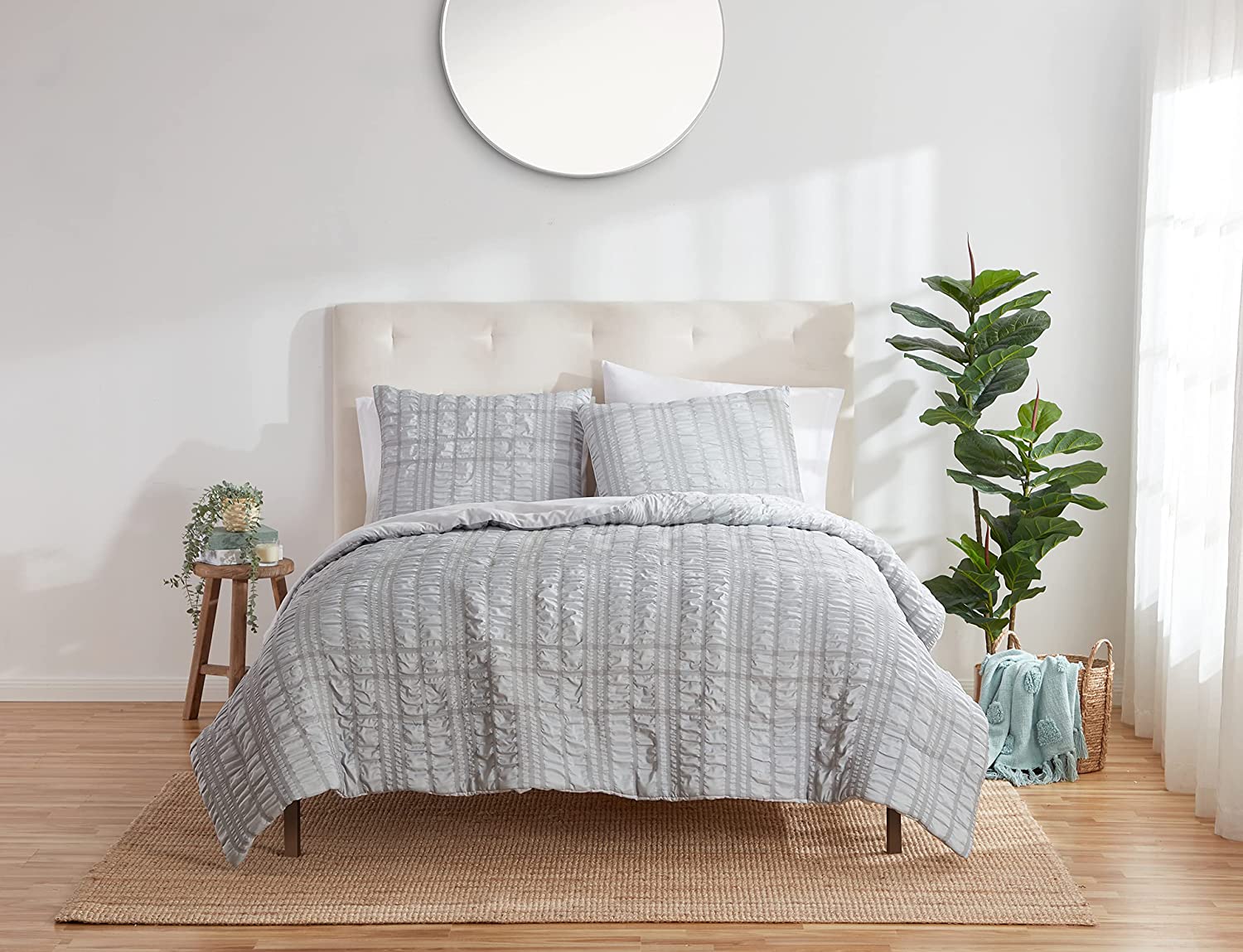 Refinery29 | Hayden Collection | Woven Seersucker Plaid Comforter Set, Full/Queen, 3 Pieces, Grey
