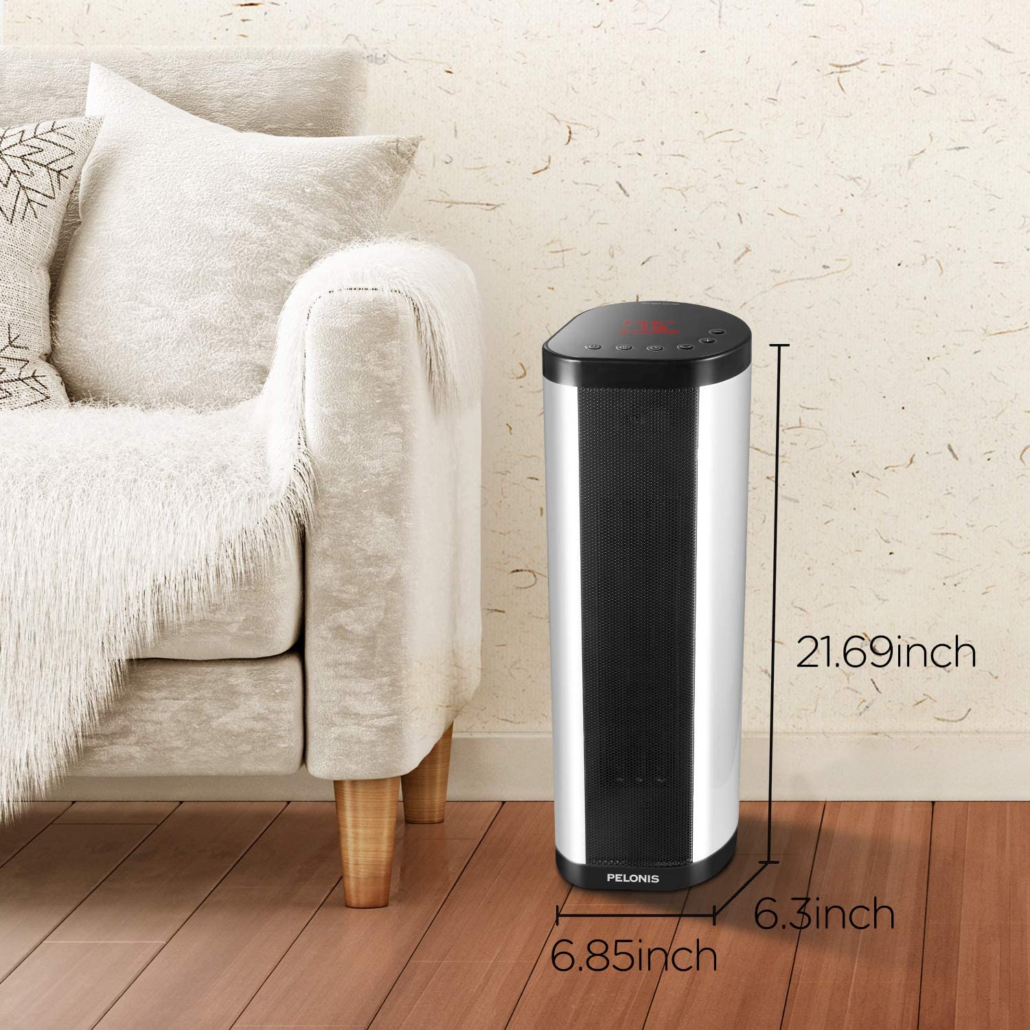 PELONIS Portable 1500W Vertical and Horizontal Ceramic Tower Space Heater, Internal Oscillation, with Remote Control, Programmable Thermostat & 24H Timer and Overheating Protection, White