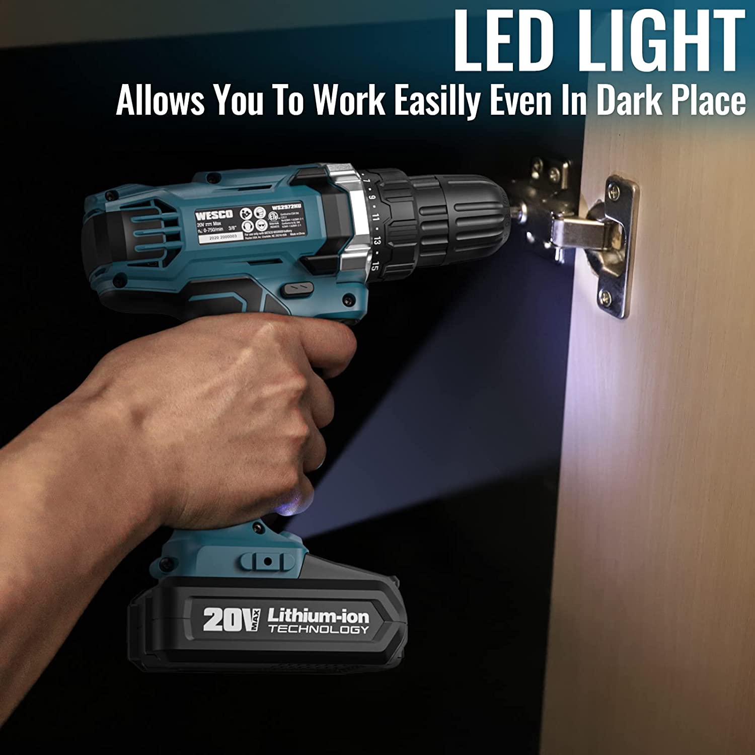 Wesco 20V Power Cordless Drill with Variable Speed, LED Light