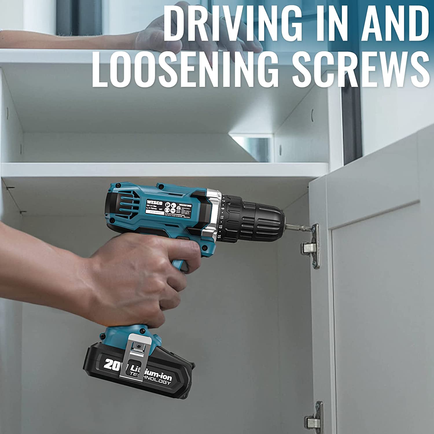 Wesco 20V Power Cordless Drill with Variable Speed, LED Light