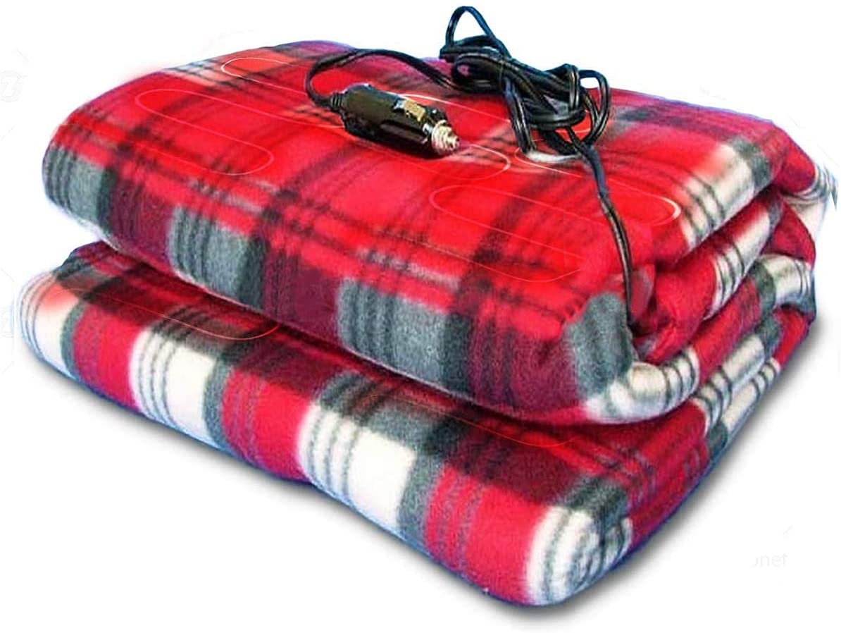 Zonetech Car Travel Blanket Premium Quality 12V Automotive Red Plaid Polar Fleece, FOB KS