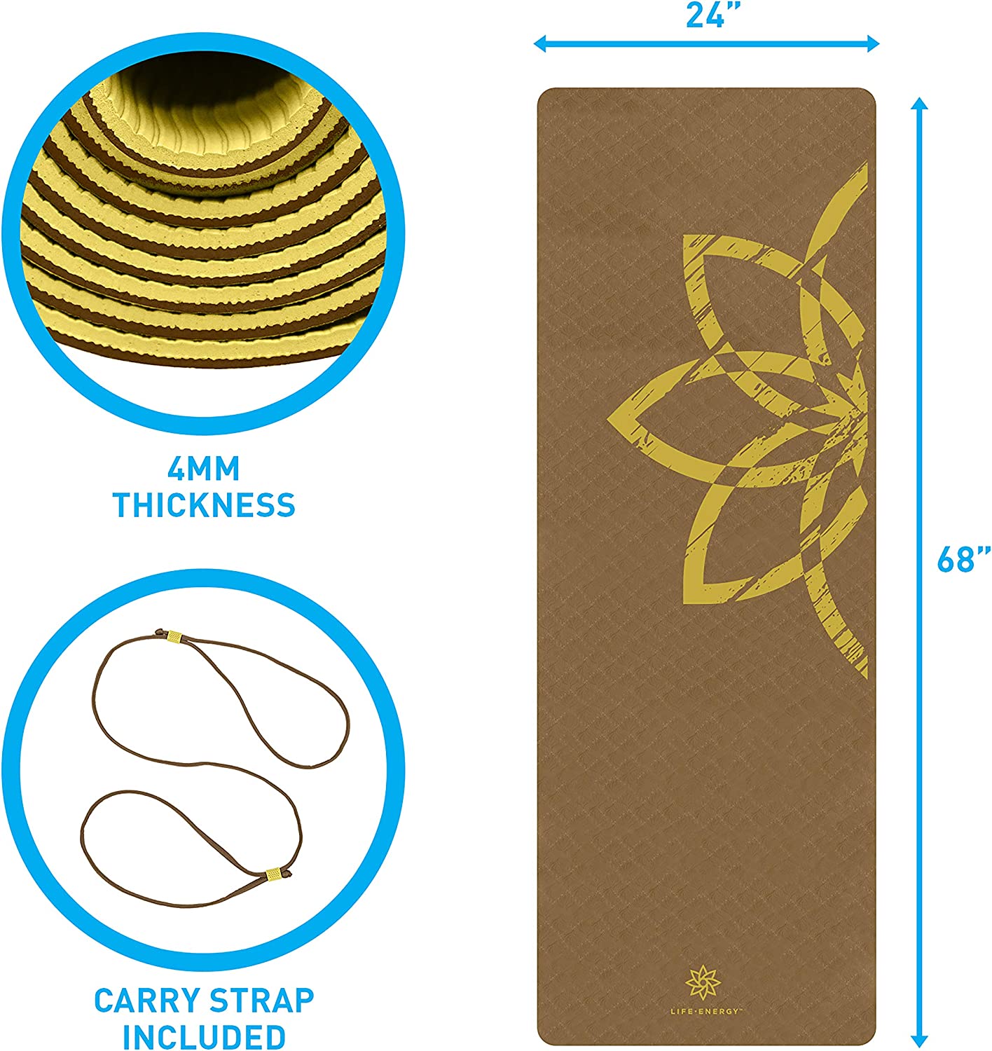 Life Energy EkoSmart Non-Slip Exercise Yoga Mat with Carrying Strap, 4 mm Thick