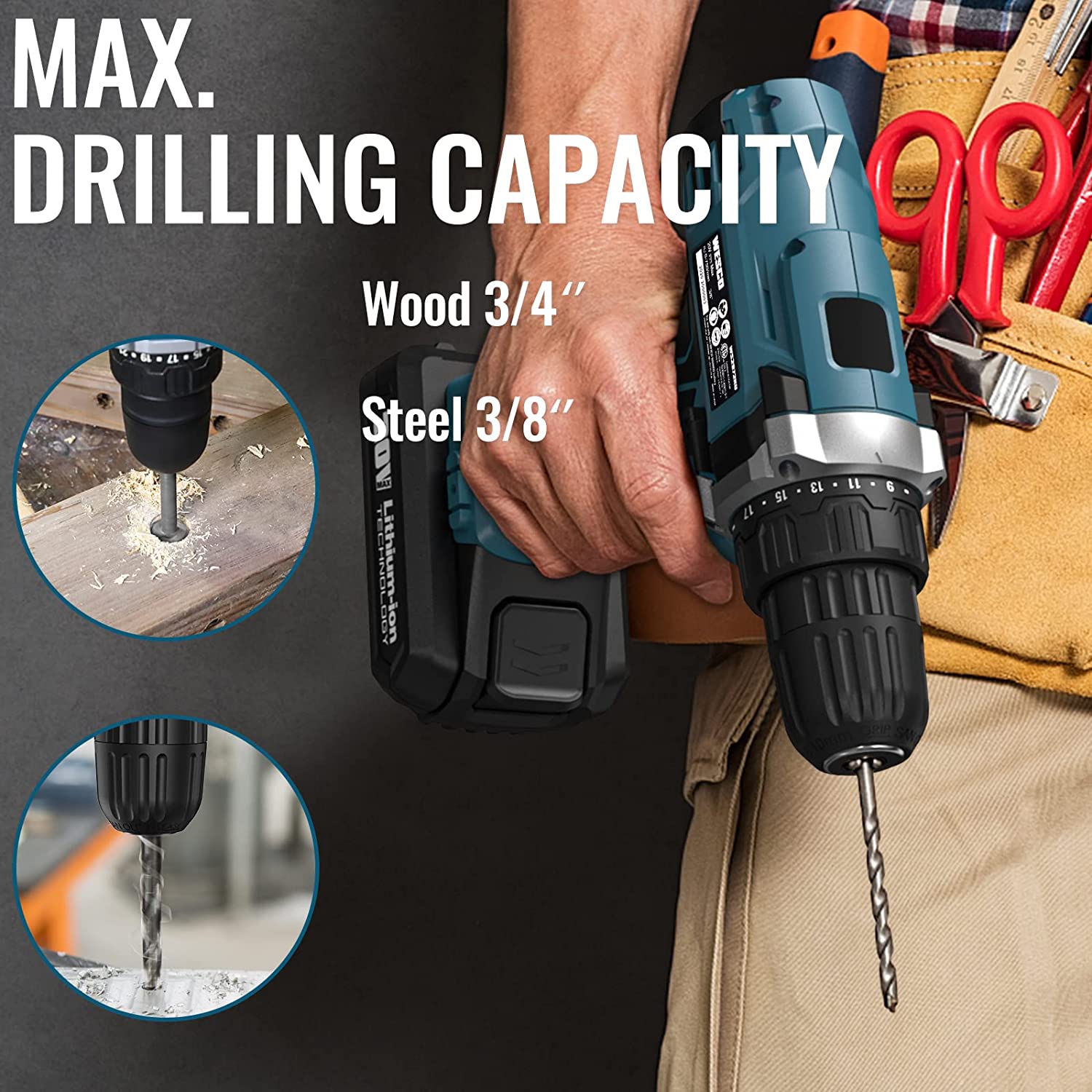 Wesco 20V Power Cordless Drill with Variable Speed, LED Light
