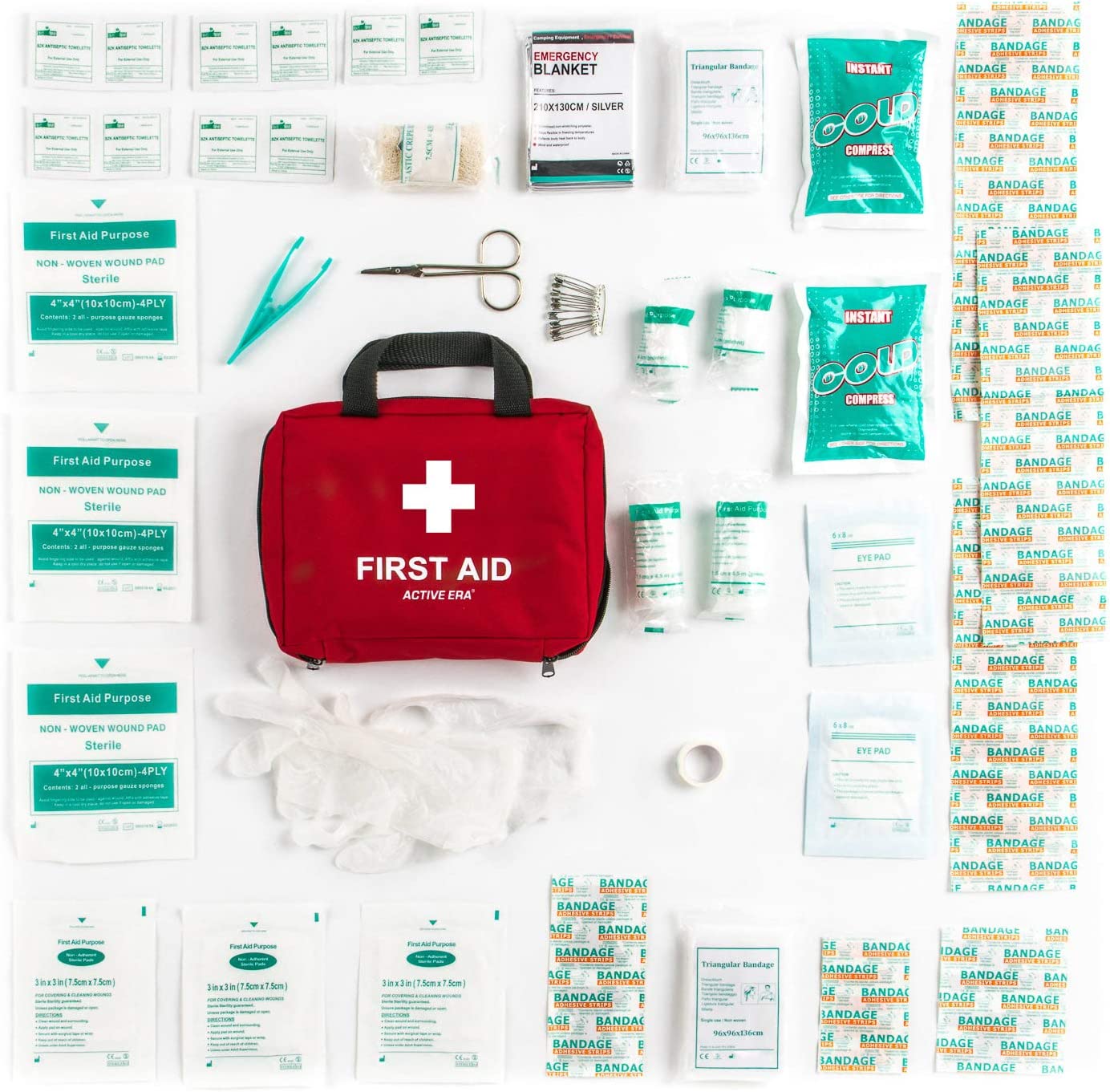 Active Era Premium First Aid Kit [90 Pieces] Essential First Aid Kit for Camping, Hiking, Office with Medical Supplies and Handle, FOB KS