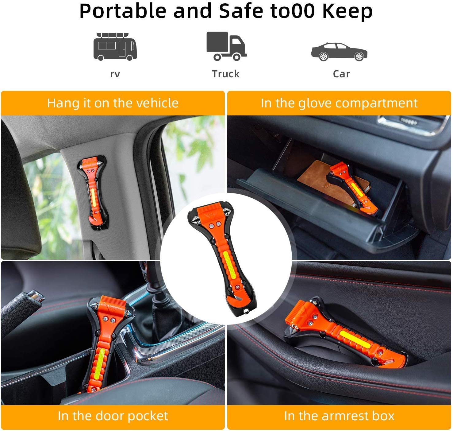 VT Tele FL Car Safety Hammer, Emergency Escape Tool with Car Window Breaker and Seat Belt Cutter, Premium Carbon Steel Life Saving Survival Kit, 2 and 4 Packs, FOB KS