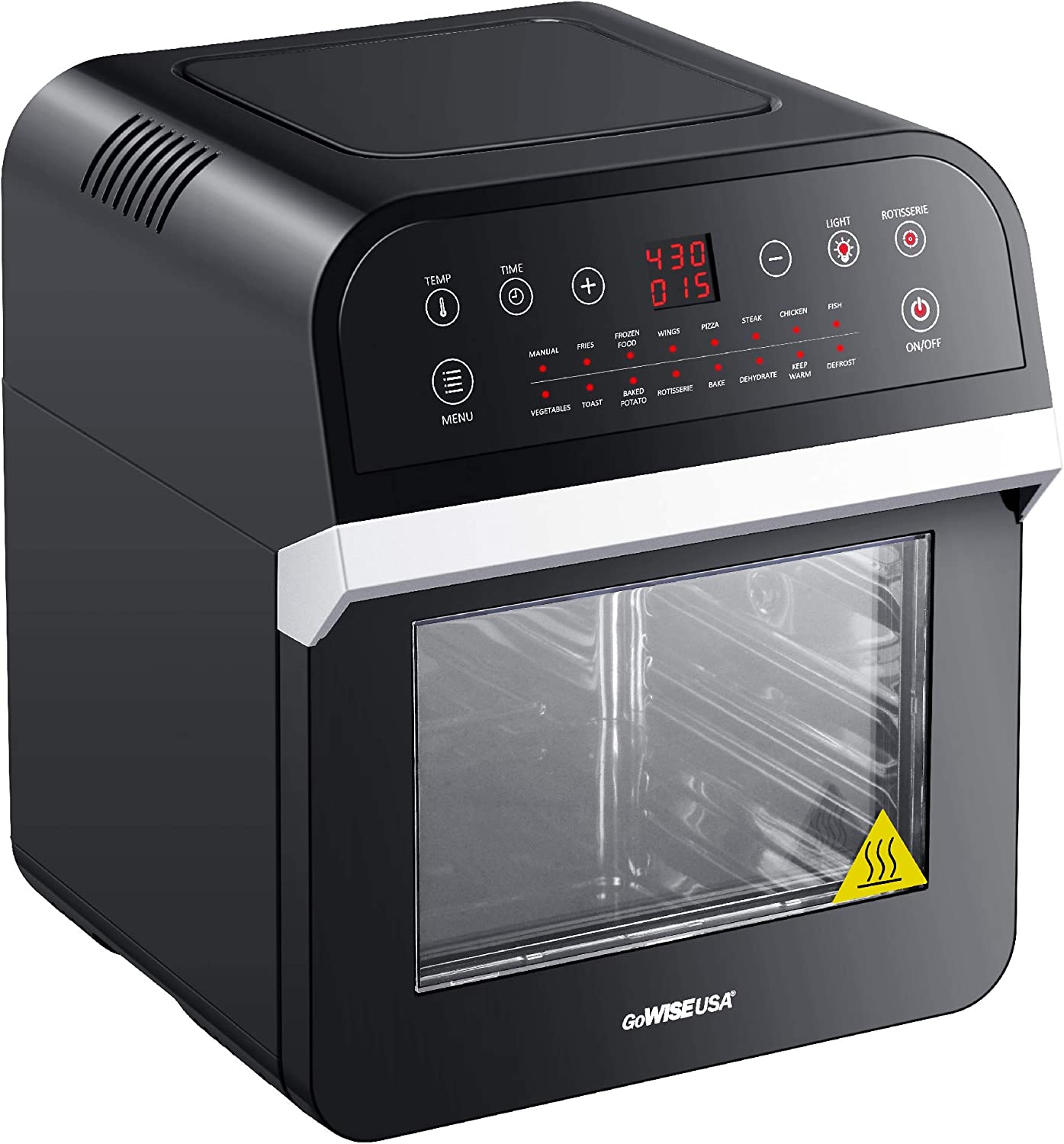 GoWISE USA Deluxe 12.7-Quarts 15-in-1 Electric Air Fryer Oven with Rotisserie and Dehydrator + 50 Recipes QT, Black/Silver, FOB KS