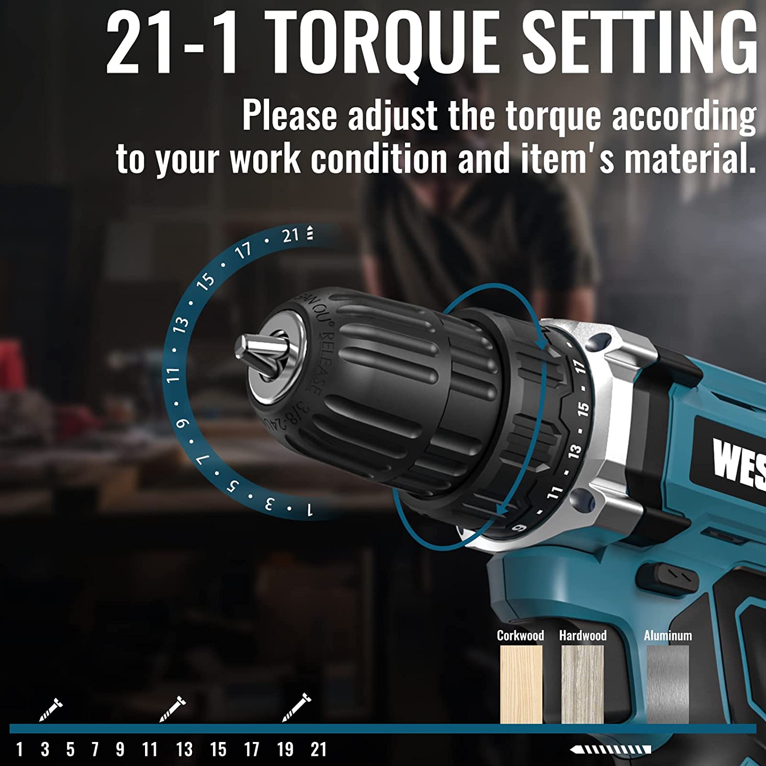 Wesco 20V Power Cordless Drill with Variable Speed, LED Light