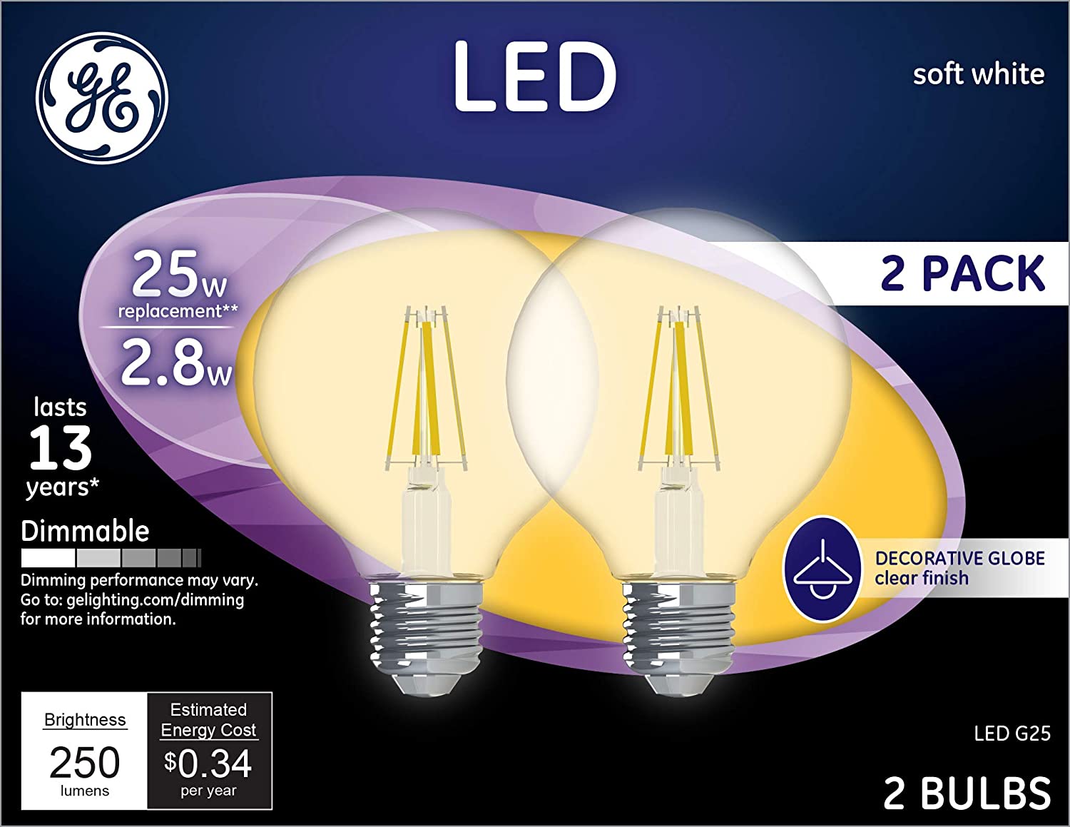 GE Light bulb G25 Globe 2-pk, FOB KS