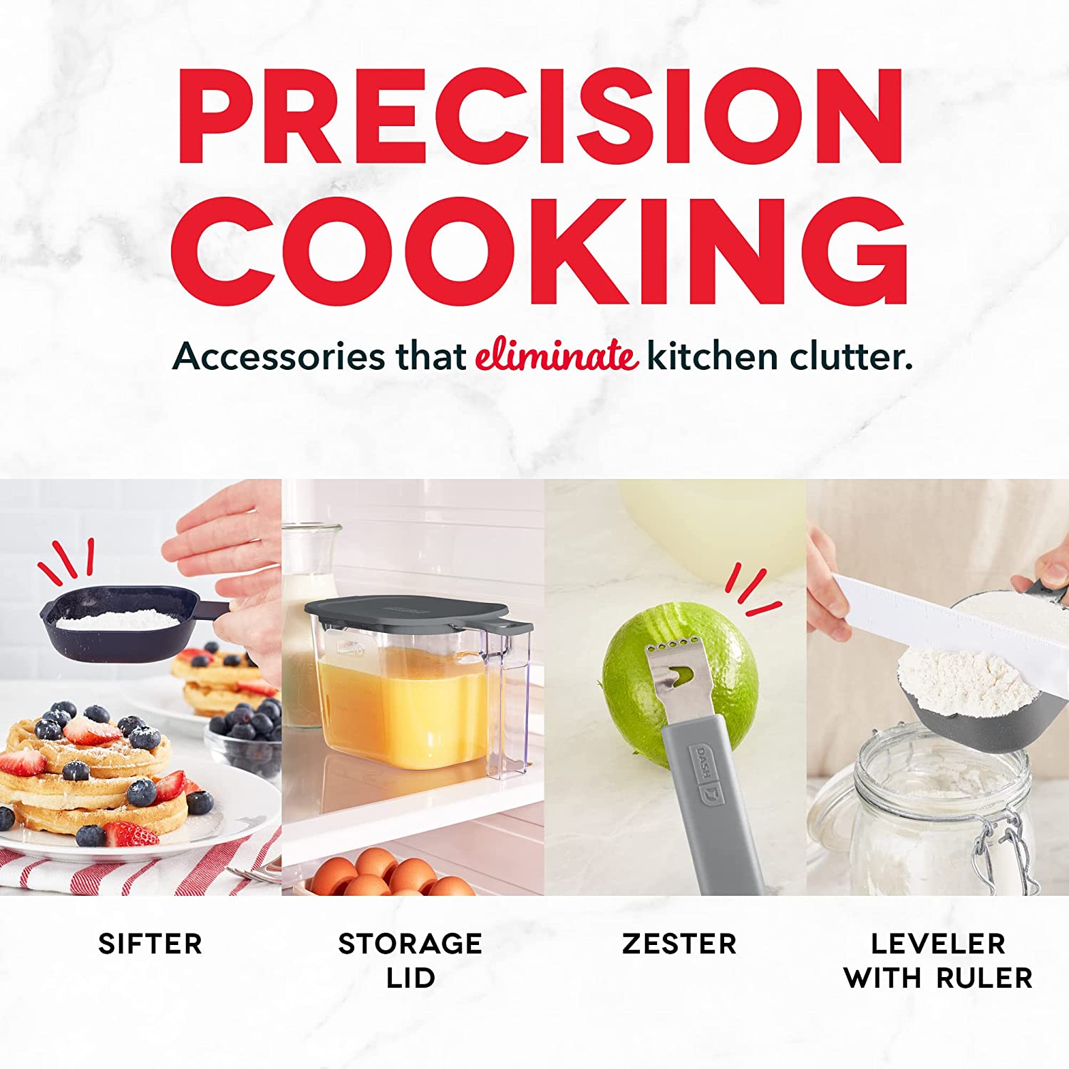 Dash SmartStore™ Measuring Set with Citrus Juicer, 6 Measuring Spoons, 4 Measuring Cups, Liquid Measuring Cup, Citrus Zester, Funnel, Leveler, Egg Separator, Sifter, and Storage Lid, 20 Piece Set, FOB KS
