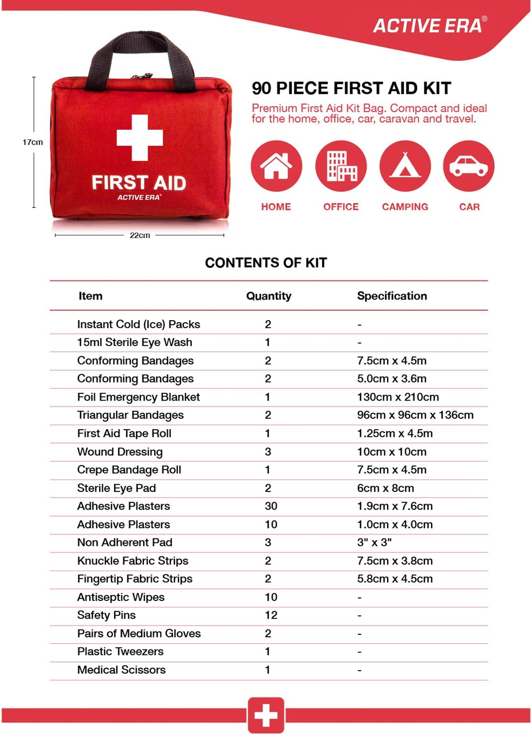 Active Era Premium First Aid Kit [90 Pieces] Essential First Aid Kit for Camping, Hiking, Office with Medical Supplies and Handle, FOB KS