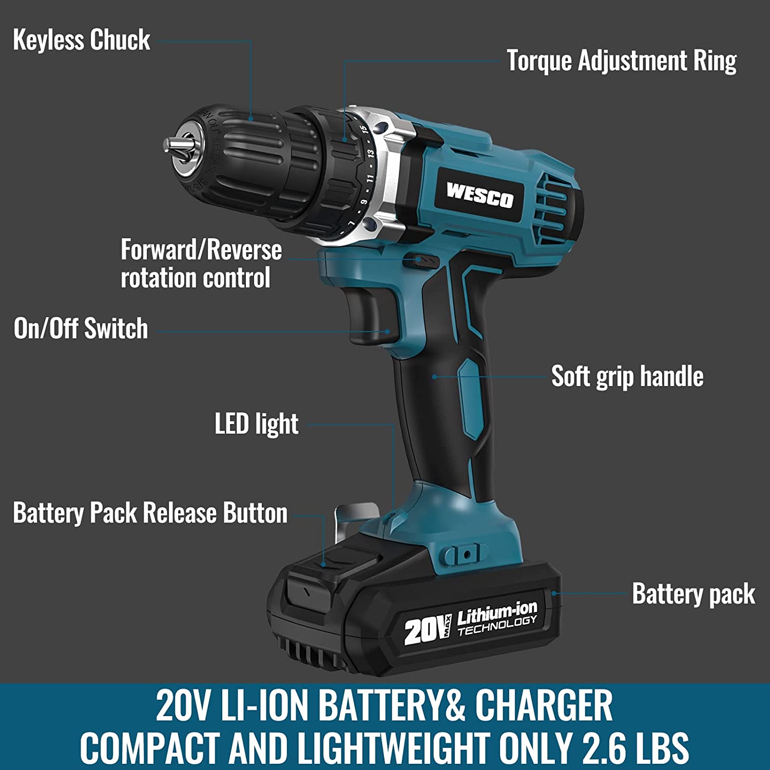 Wesco 20V Power Cordless Drill with Variable Speed, LED Light