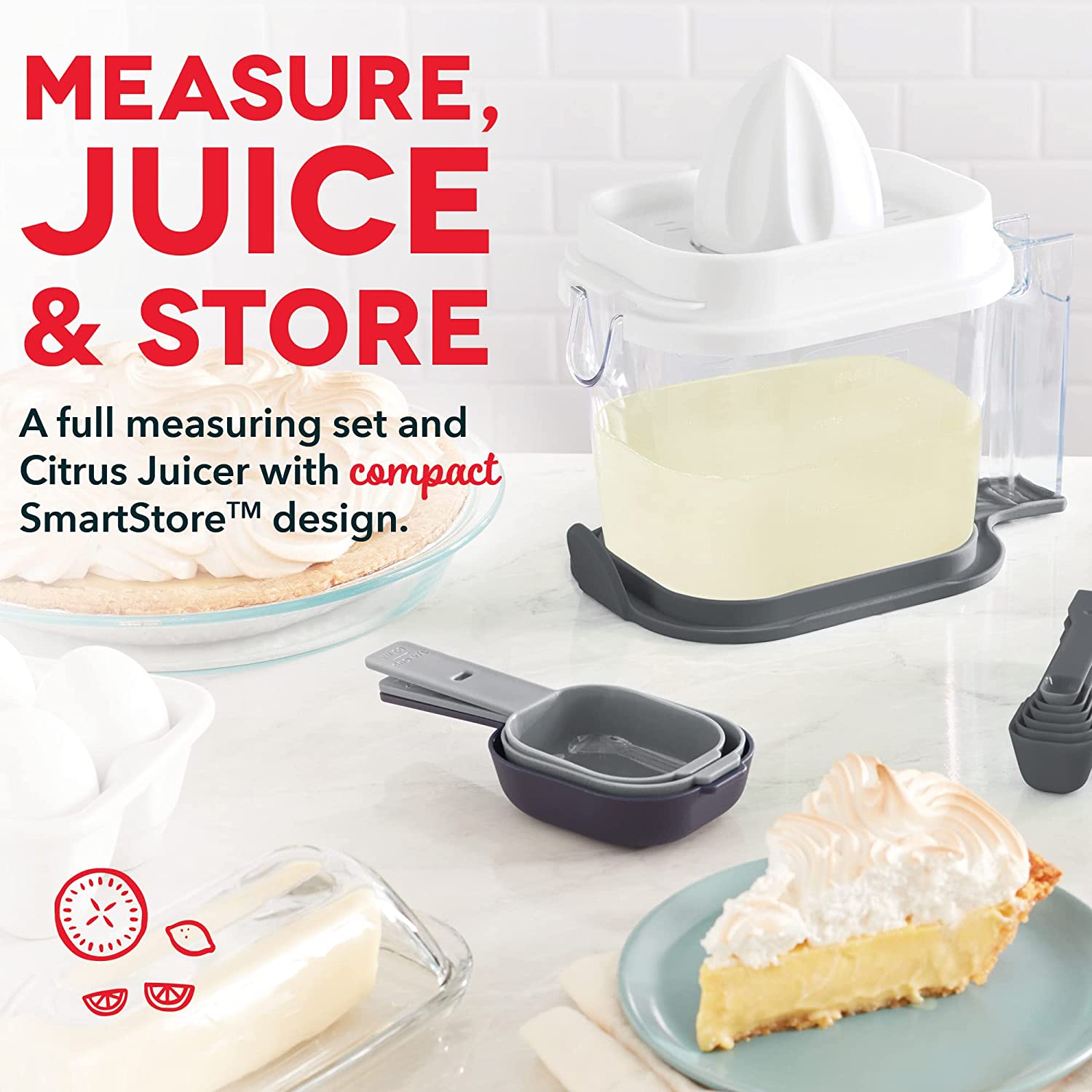 Dash SmartStore™ Measuring Set with Citrus Juicer, 6 Measuring Spoons, 4 Measuring Cups, Liquid Measuring Cup, Citrus Zester, Funnel, Leveler, Egg Separator, Sifter, and Storage Lid, 20 Piece Set, FOB KS