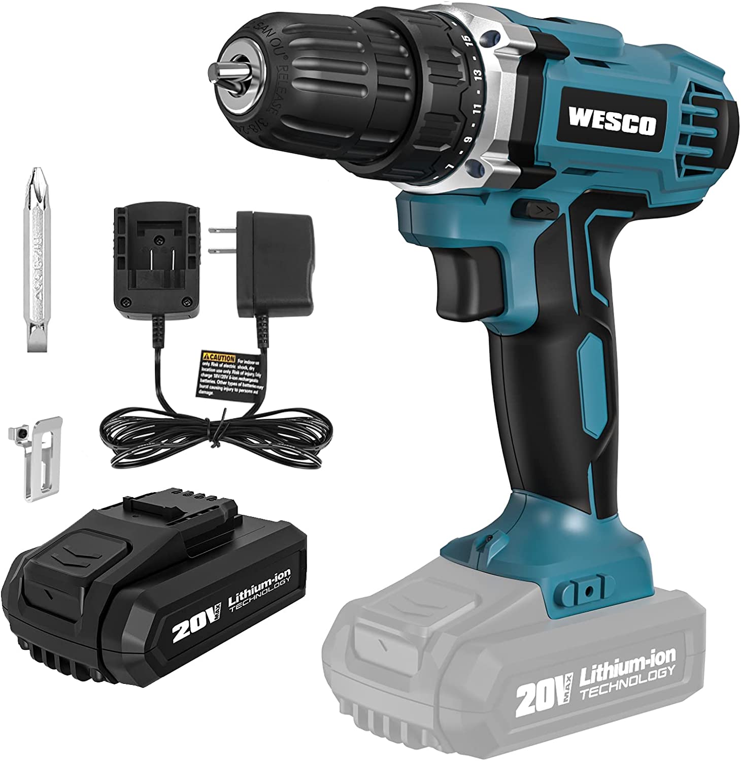 Wesco 20V Power Cordless Drill with Variable Speed, LED Light