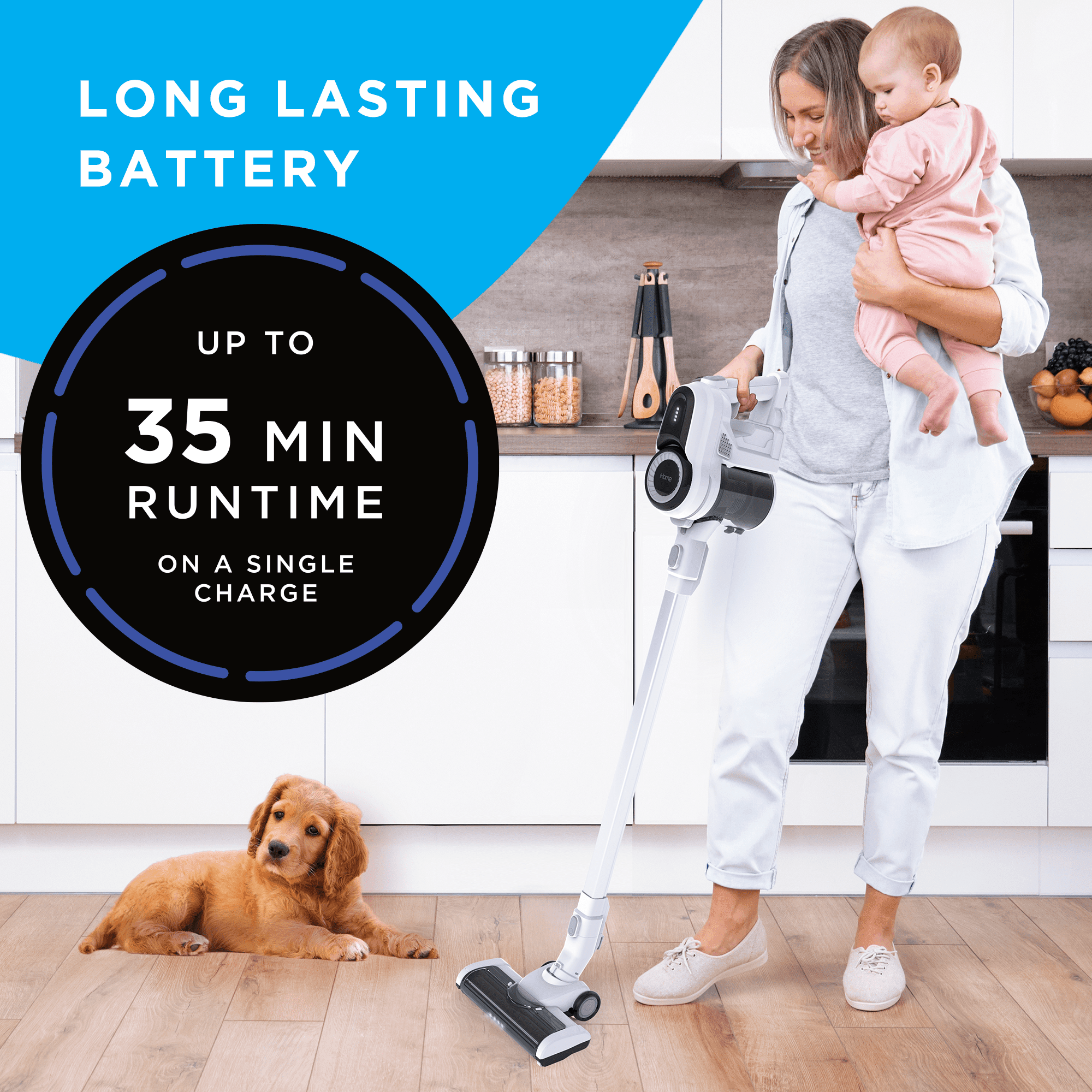 iHome StickVac SV1 Lightweight Stick Vacuum Cleaner, with Strong Suction, LED Lighting, 3-in-1 Converts to HandVac, Long Lasting Battery, FOB KS