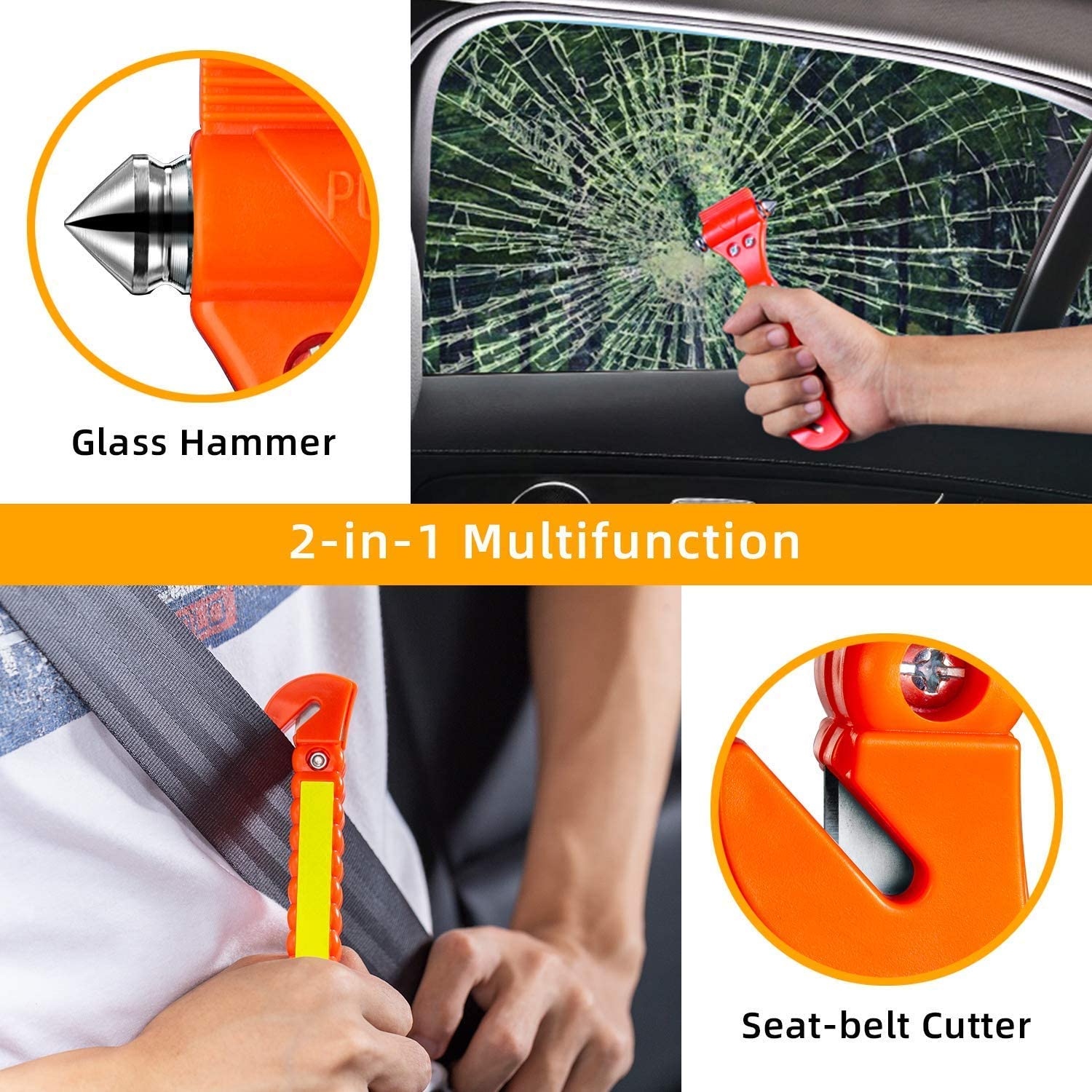 VT Tele FL Car Safety Hammer, Emergency Escape Tool with Car Window Breaker and Seat Belt Cutter, Premium Carbon Steel Life Saving Survival Kit, 2 and 4 Packs, FOB KS