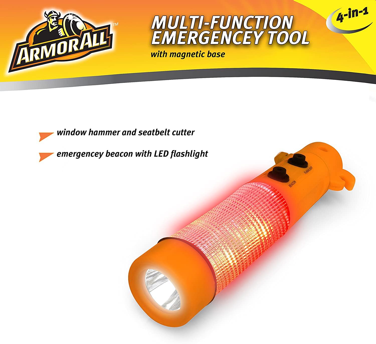 ArmorAll Car Emergency Tool, Escape, Safety - 4 in 1 Hammer / Window Breaker, Seatbelt Cutter, Flashlight, Beacon Light, FOB KS
