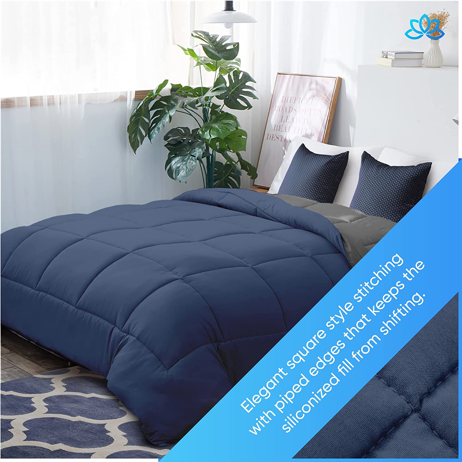 Equinox All-Season Queen Size Navy Blue/Charcoal Grey Quilted Comforter, FOB KS