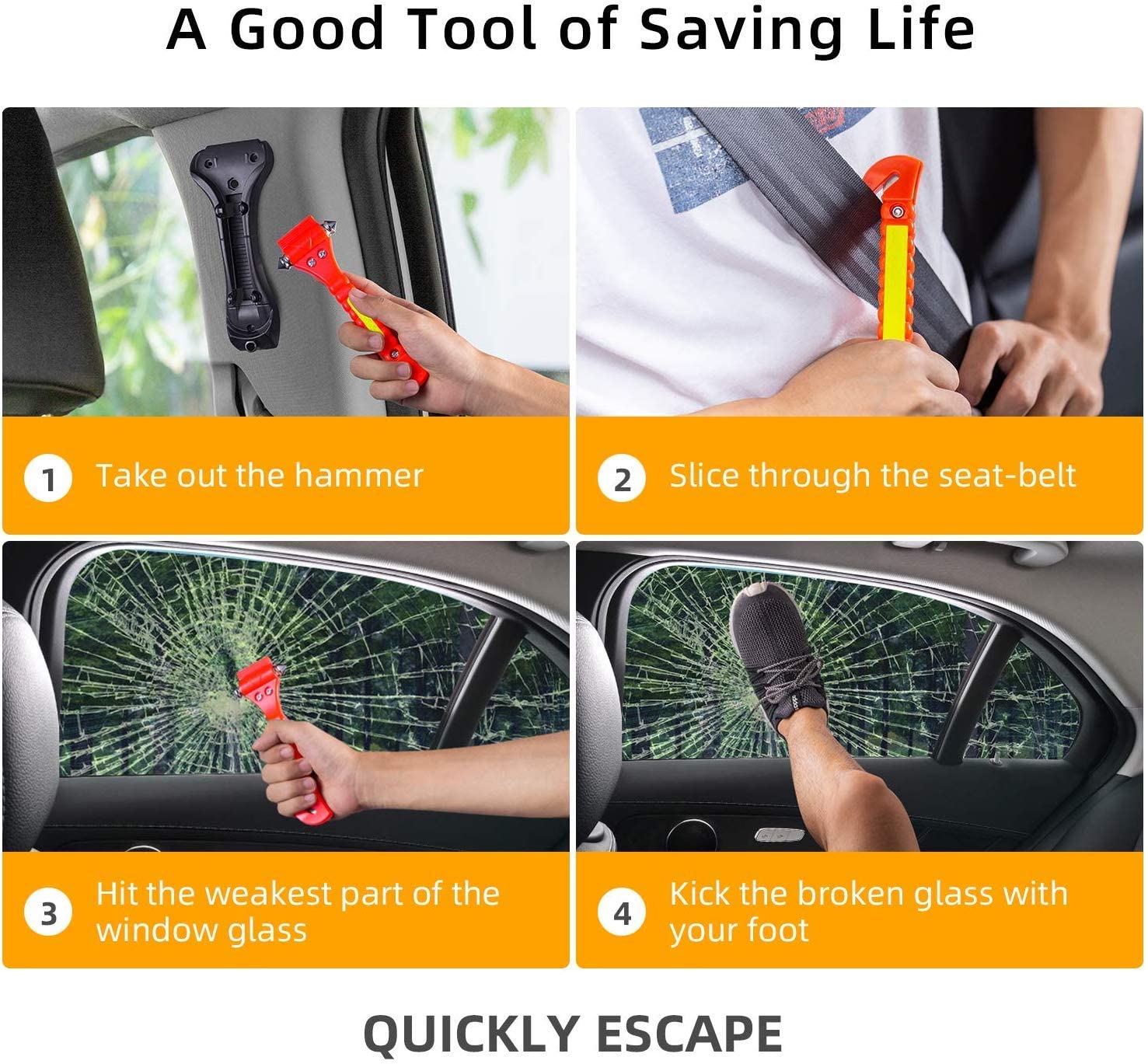 VT Tele FL Car Safety Hammer, Emergency Escape Tool with Car Window Breaker and Seat Belt Cutter, Premium Carbon Steel Life Saving Survival Kit, 2 and 4 Packs, FOB KS