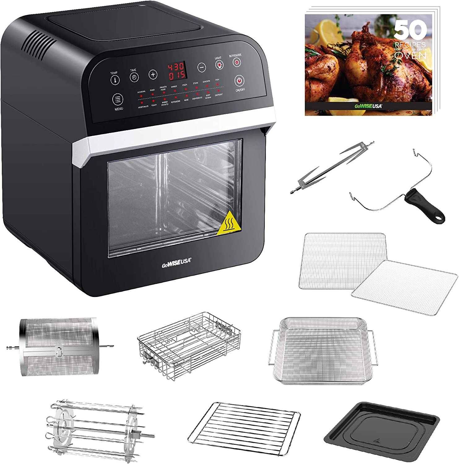 GoWISE USA Deluxe 12.7-Quarts 15-in-1 Electric Air Fryer Oven with Rotisserie and Dehydrator + 50 Recipes QT, Black/Silver, FOB KS