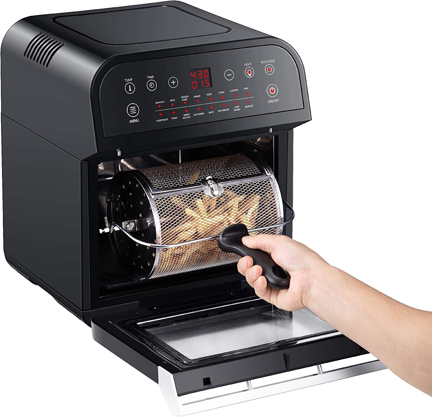 GoWISE USA Deluxe 12.7-Quarts 15-in-1 Electric Air Fryer Oven with Rotisserie and Dehydrator + 50 Recipes QT, Black/Silver, FOB KS