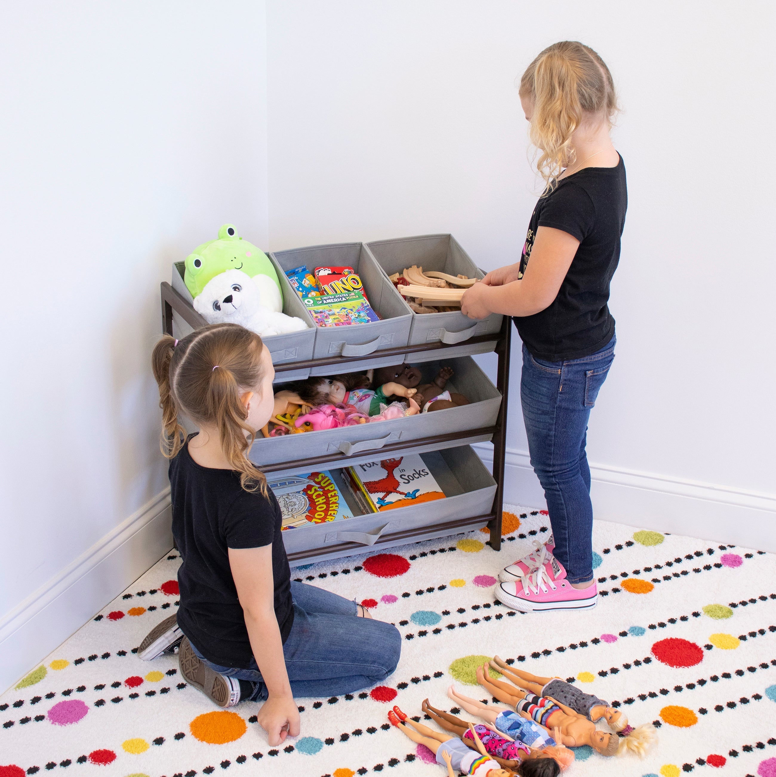 Humble Crew Oslo Compact Fabric Bin Organizer, 3 Small Bins & 2 Large Bins, Dark Pine & Grey or Dark Pine & Navy