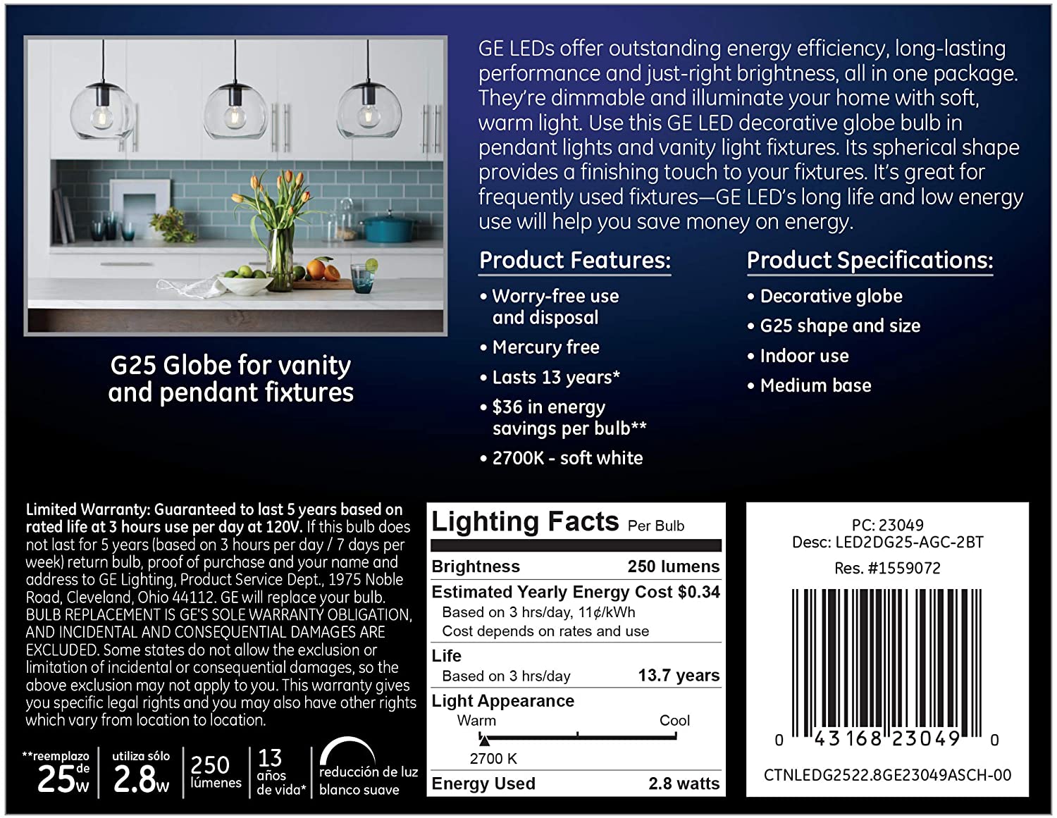 GE Light bulb G25 Globe 2-pk, FOB KS