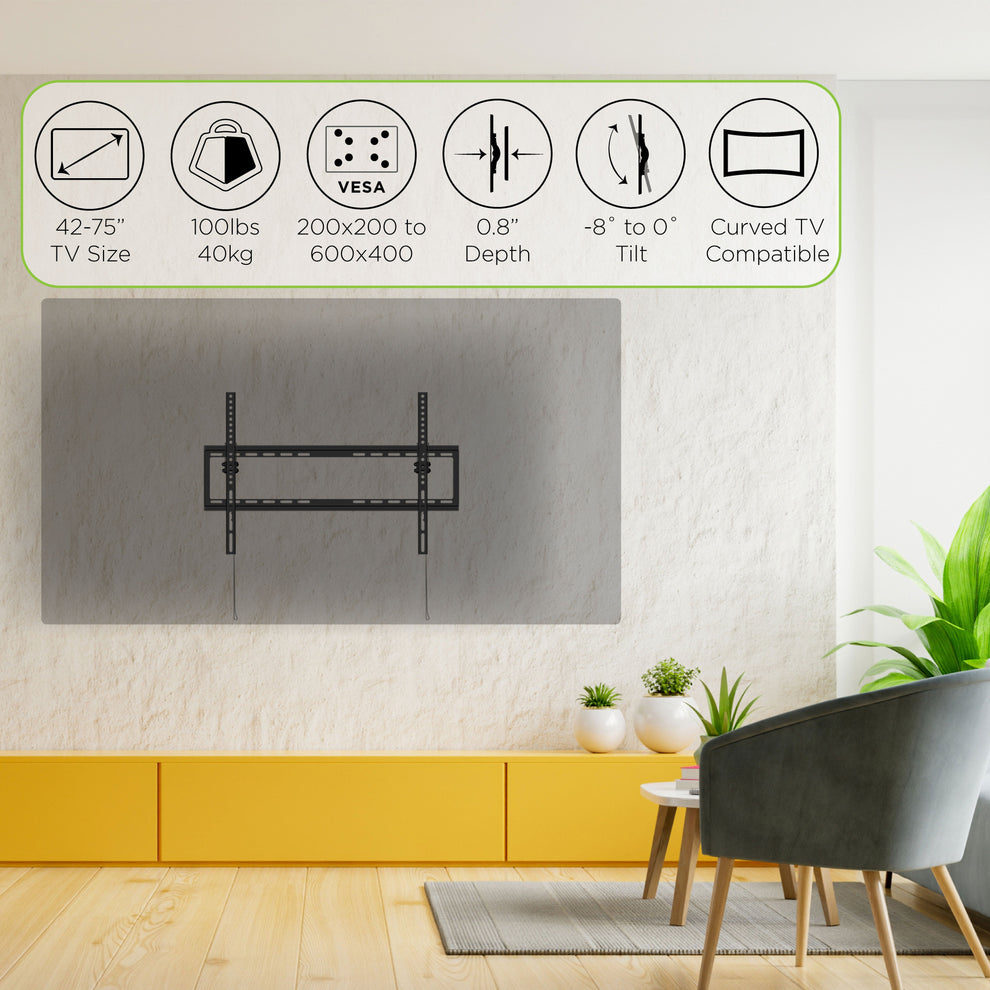 ProMounts Tilting TV Wall Mount for 42"-75" Screens Holds up to 100 lbs with HDMI Cable and Screen Cleaner, FOB KS