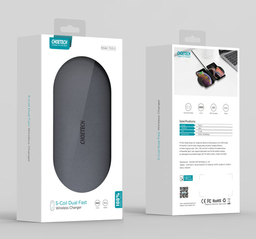 Choetech Dual Wireless Charger, QI Certified 5 Coils Fast Wireless Charging Pad, FOB KS
