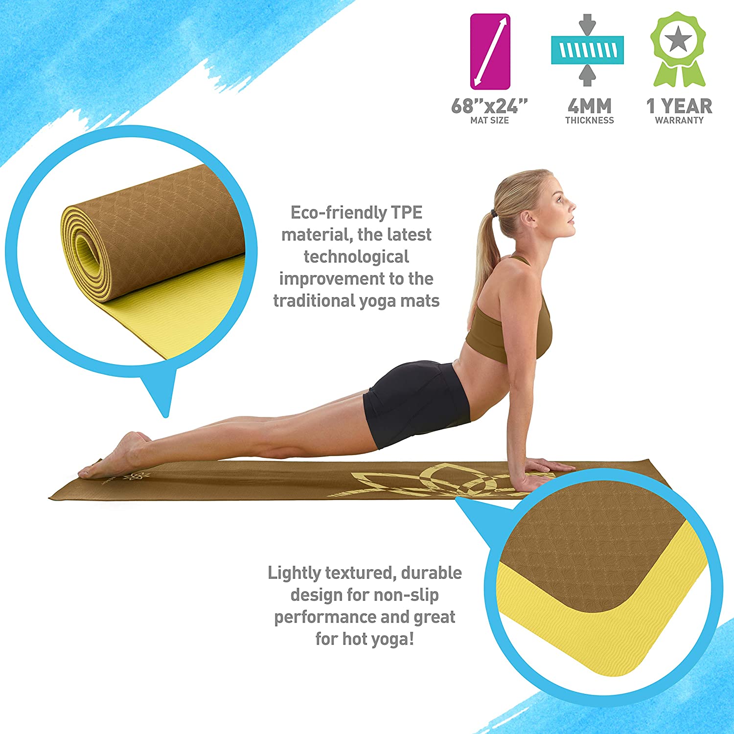 Life Energy EkoSmart Non-Slip Exercise Yoga Mat with Carrying Strap, 4 mm Thick
