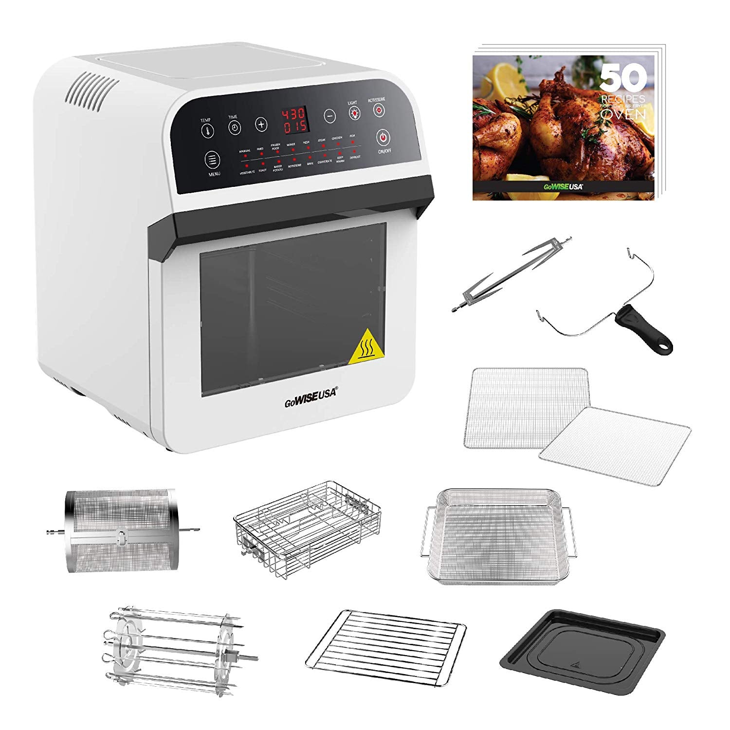 GoWISE USA Deluxe 12.7-Quarts 15-in-1 Electric Air Fryer Oven w/Rotisserie and Dehydrator + 50 Recipes (Red or White)