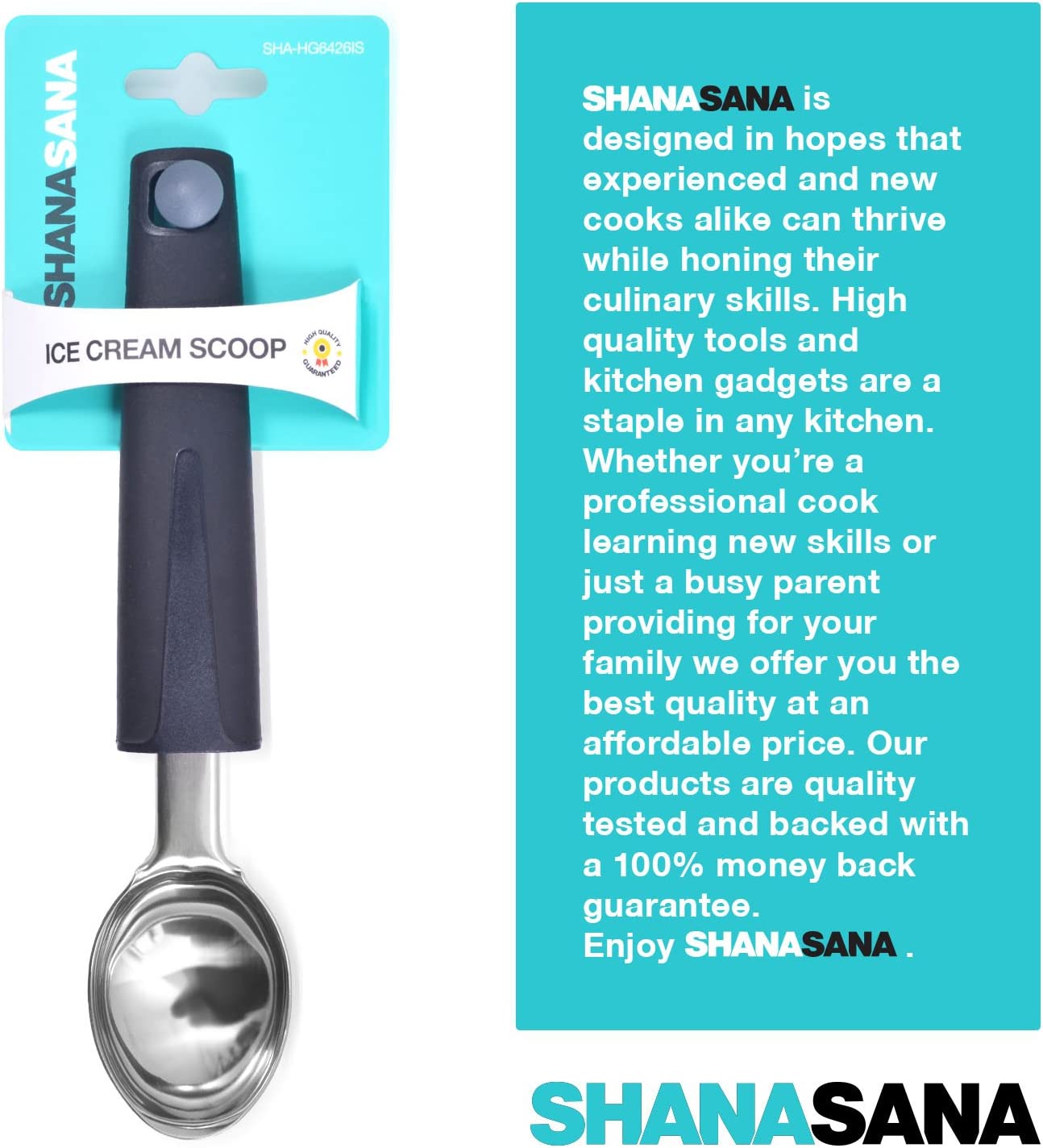 Shanasana Ice Cream Scoop (Incredibly Durable Stainless Steel) Non-Slip Comfort Handle - Perfect Metal Ice Cream Spoon