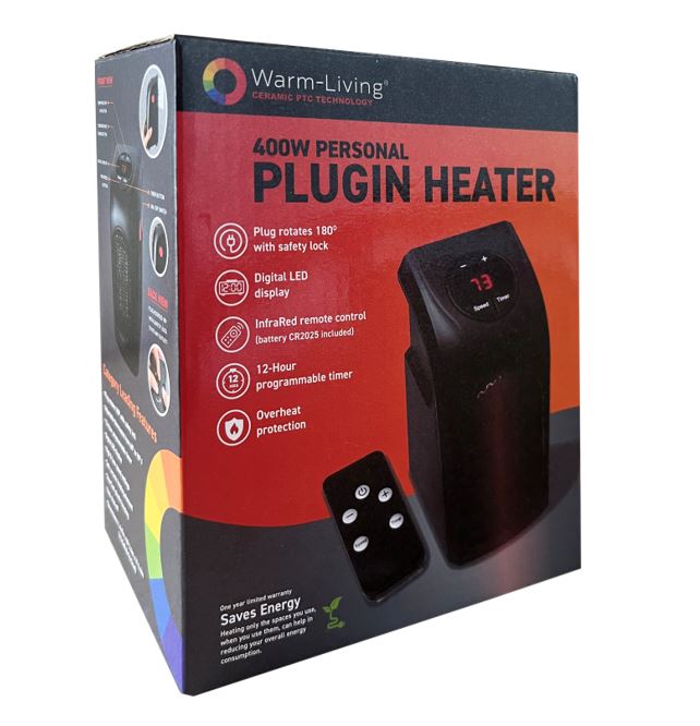 Warm-Living 400W Personal Digital Programmable Plugin Heater With Remote,  Black, FOB KS