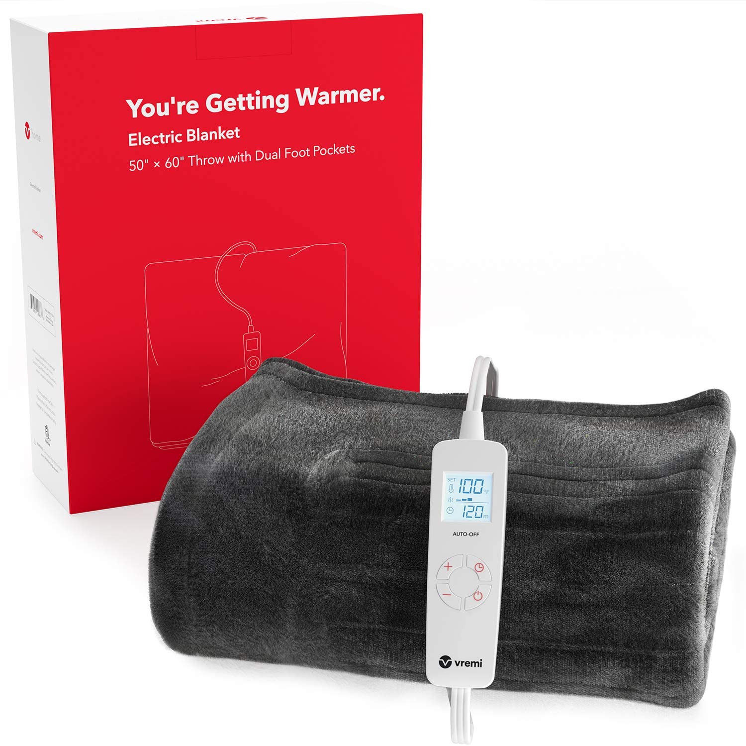 Vremi Electric Blanket with Dedicated Foot Warming Pockets - 50” x 60” Flannel Fleece Throw Heated Blanket, FOB KS