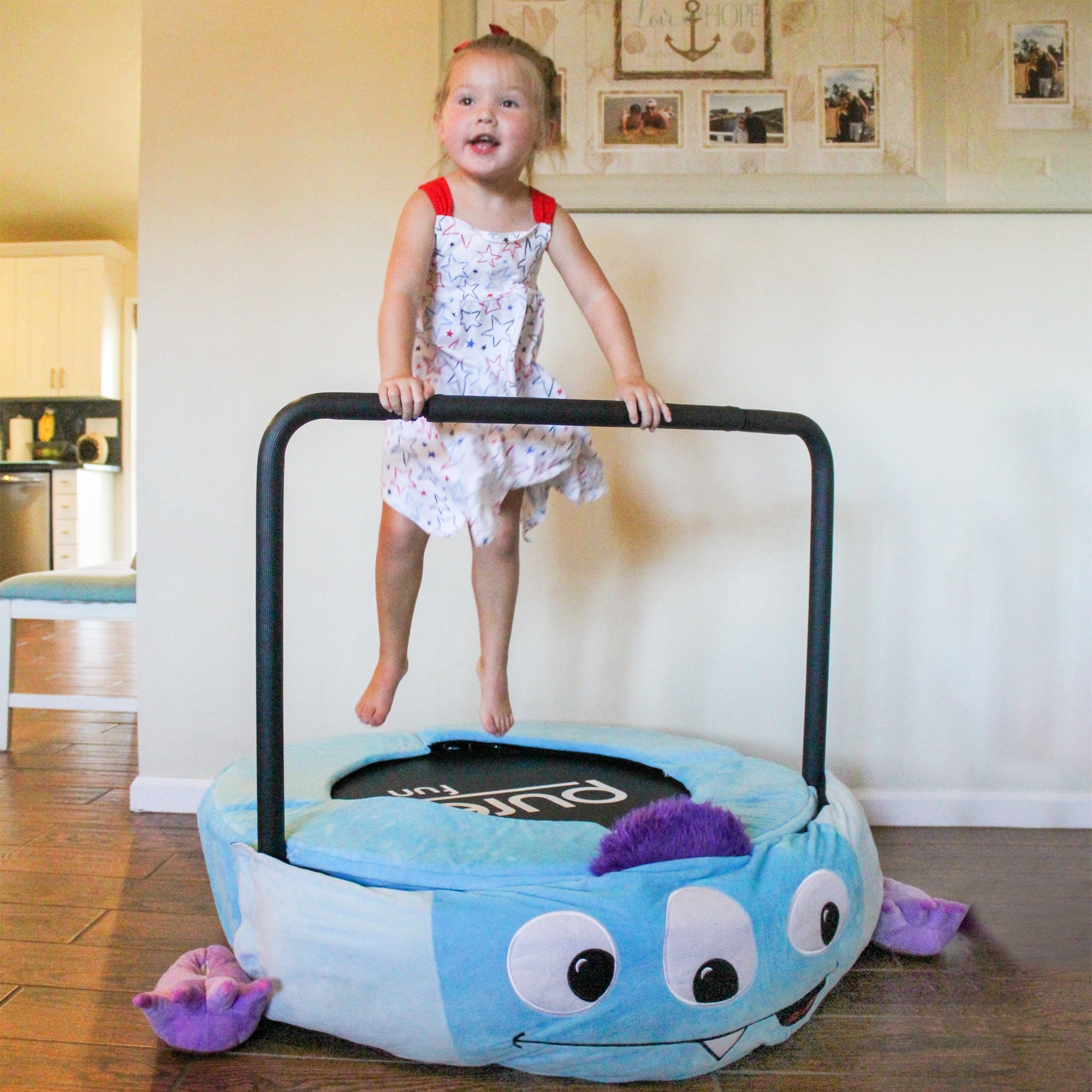 Pure Fun 36-inch Monster Plush Jumper Kids Trampoline with Handrail, Includes Pillow and Slippers, 75lb Weight Limit