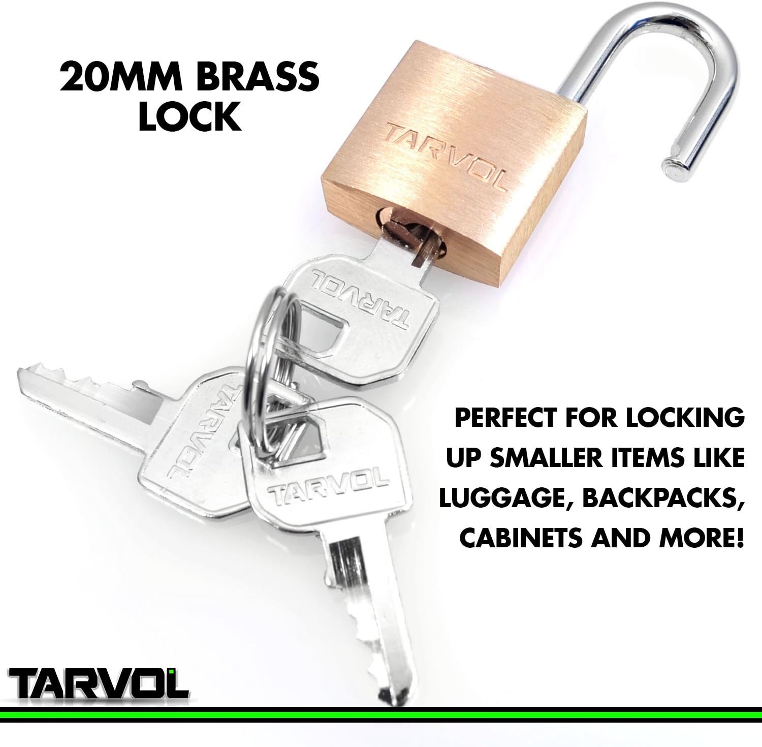 Tarvol Mini Luggage Lock Set (Heavy Duty Brass) - Set Includes 3 Small Keys - Perfect Padlock for Securing Your Suitcase, Jewelry Boxes, Gym Locker, Tote, Mini Fridge, Cabinet, and More!