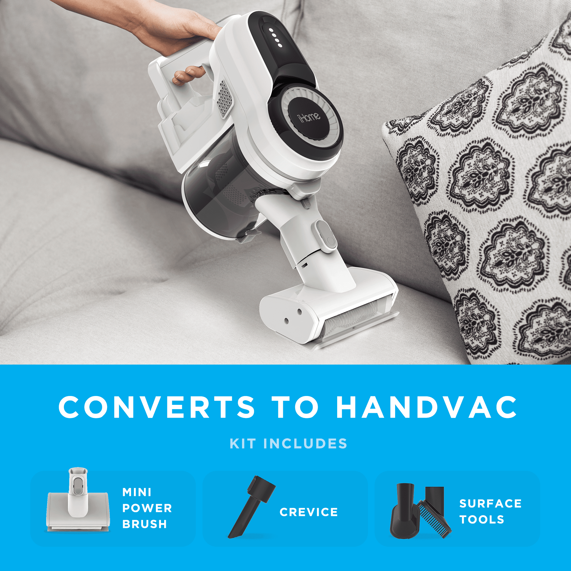 iHome StickVac SV1 Lightweight Stick Vacuum Cleaner, with Strong Suction, LED Lighting, 3-in-1 Converts to HandVac, Long Lasting Battery, FOB KS