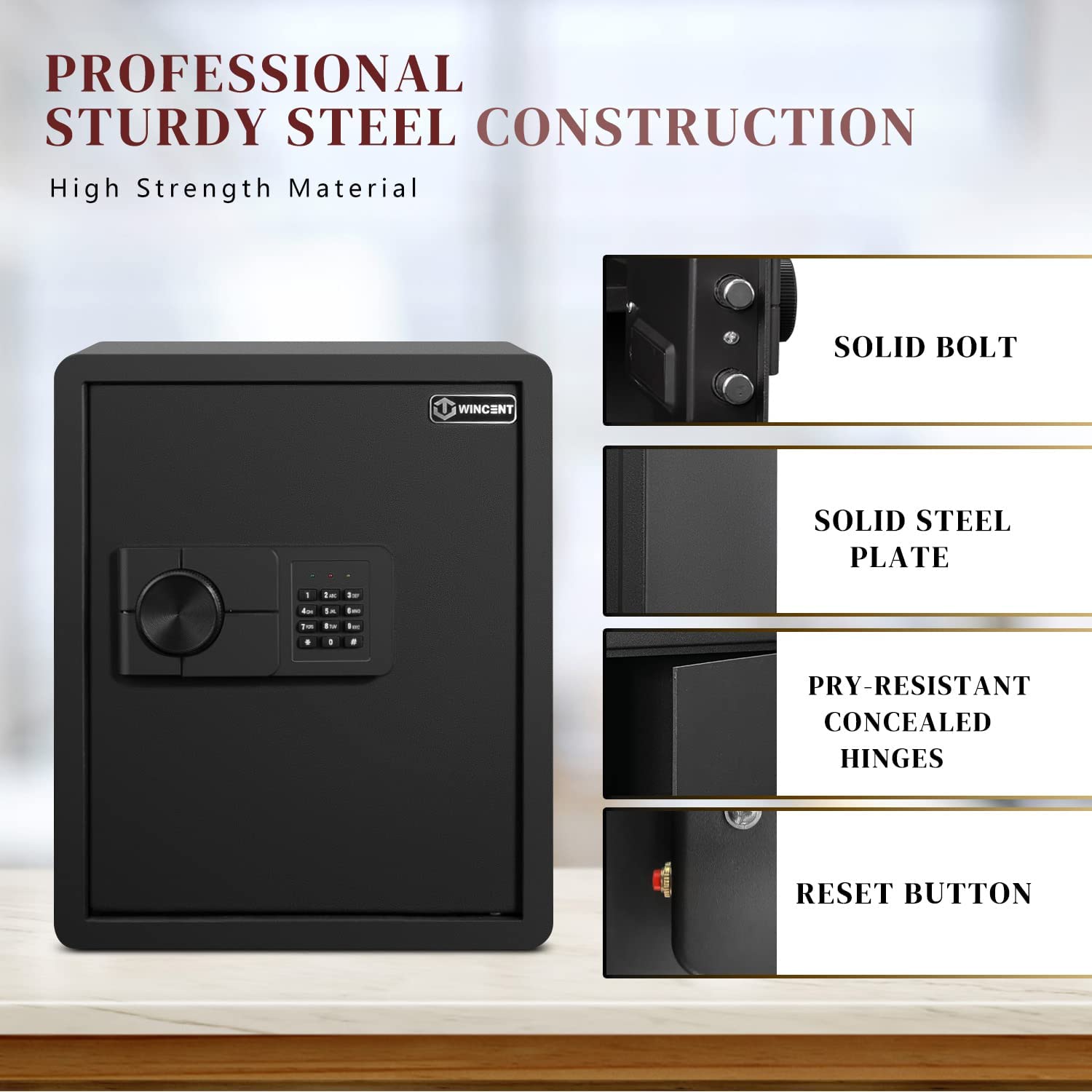 WINCENT Home Security Safe with Programmable Keypad Steel Safe Lock Box with Alarm System & Emergency Key for Office Home Hotel Gun Passport Money Valuables 1.5 Cubic Feet