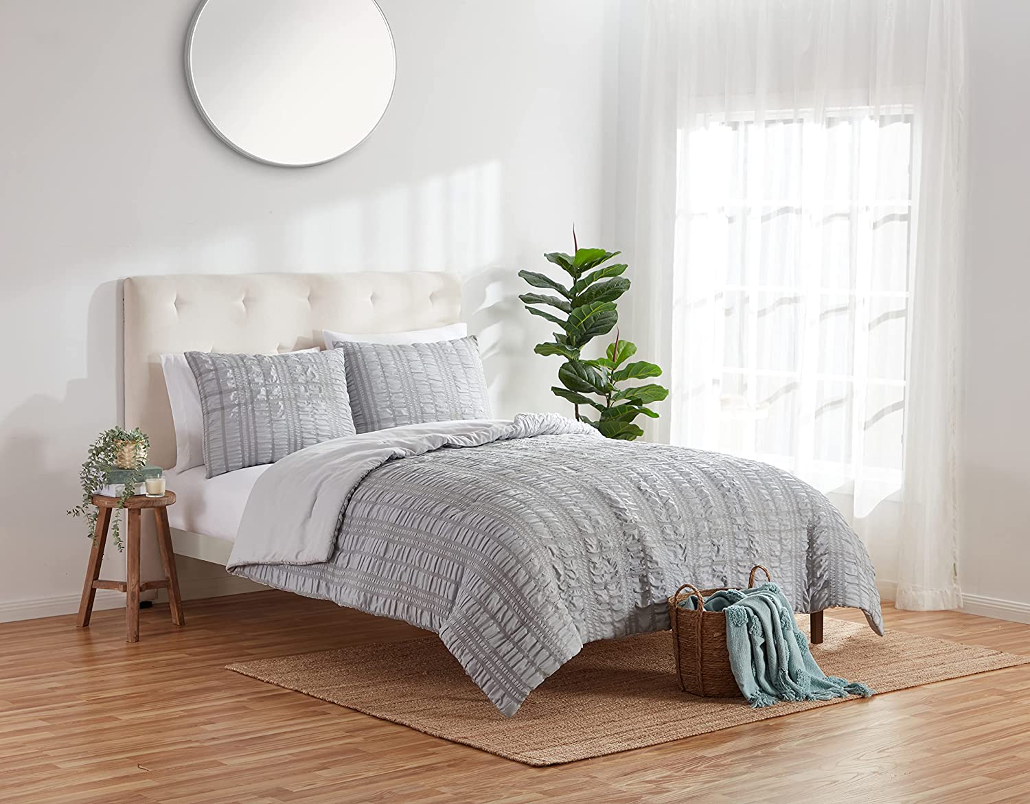 Refinery29 | Hayden Collection | Woven Seersucker Plaid Comforter Set, Full/Queen, 3 Pieces, Grey