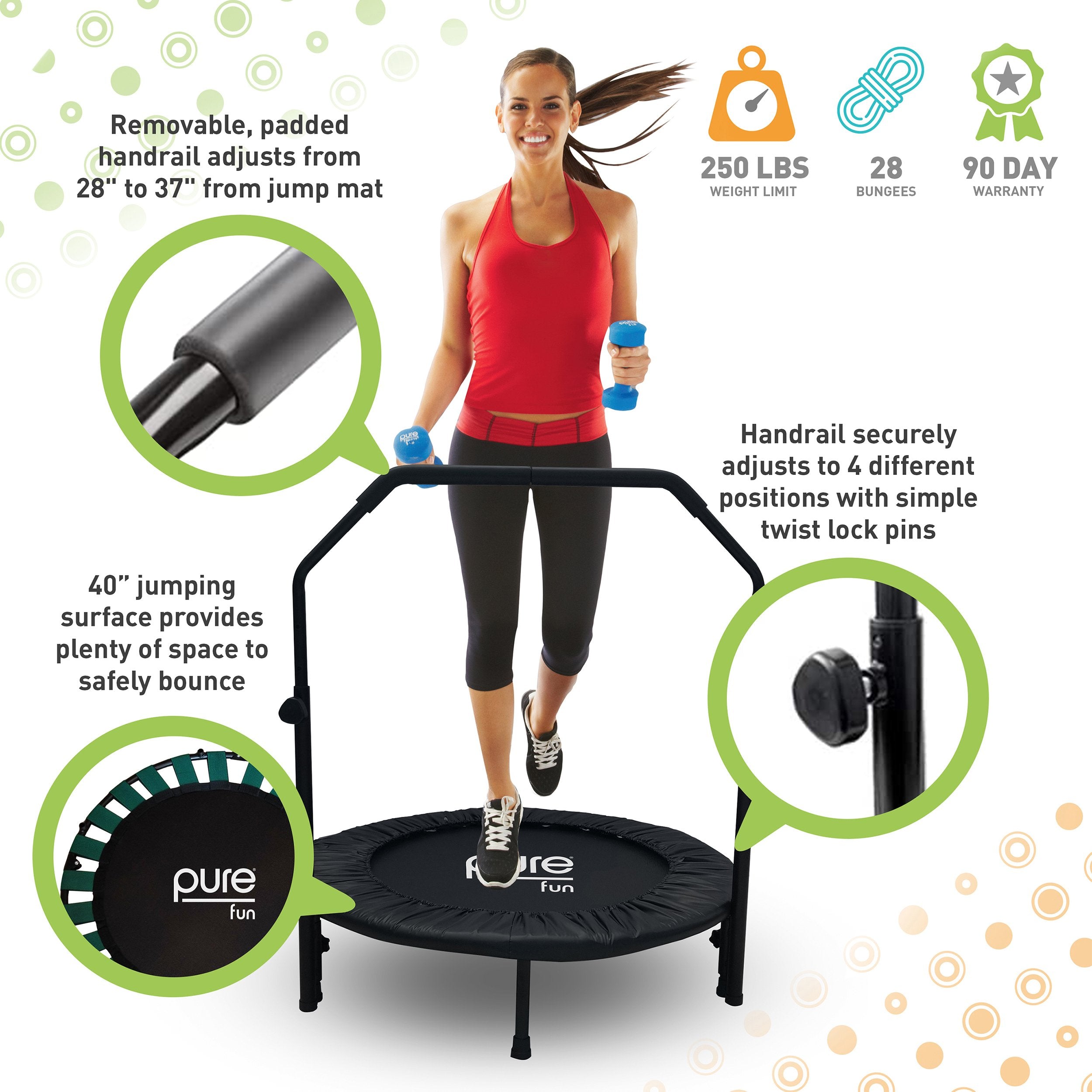 Pure Fun 40-inch Bungee Exercise Trampoline with Handrail, Black, 300Lb Weight Limit