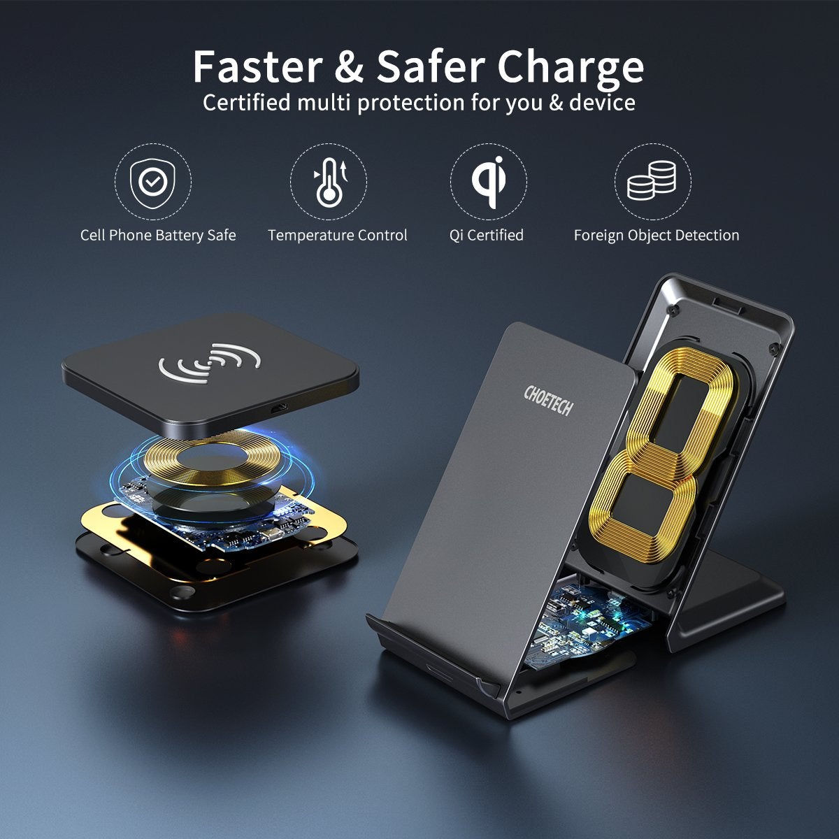 CHOETECH Fast Wireless Charging Stands, Stand and Pad Pack, 10W, Qi-Certified, FOB KS