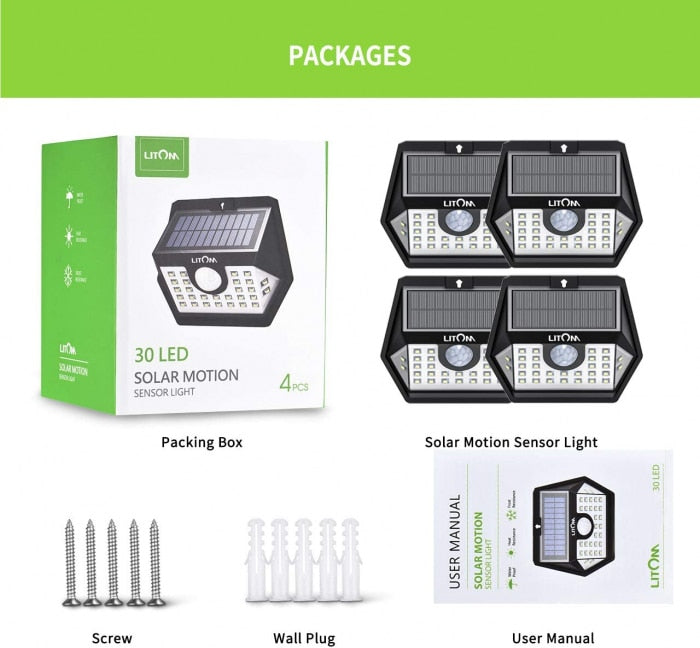 Litom Solar Lamps Exterior, Wall, With motion sensor, 6,66 W, 3,7 V, IP65 Pack of 4, FOB KS